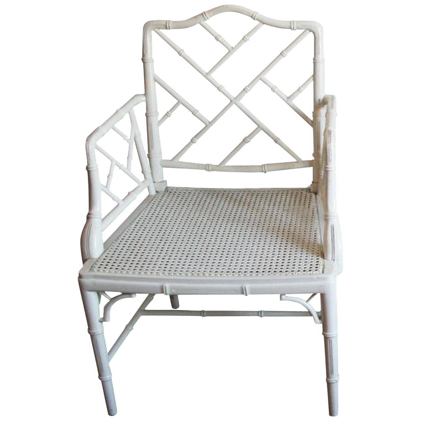Faux Bamboo Chinese Chippendale Armchair  White Wood Lacquered 1970s