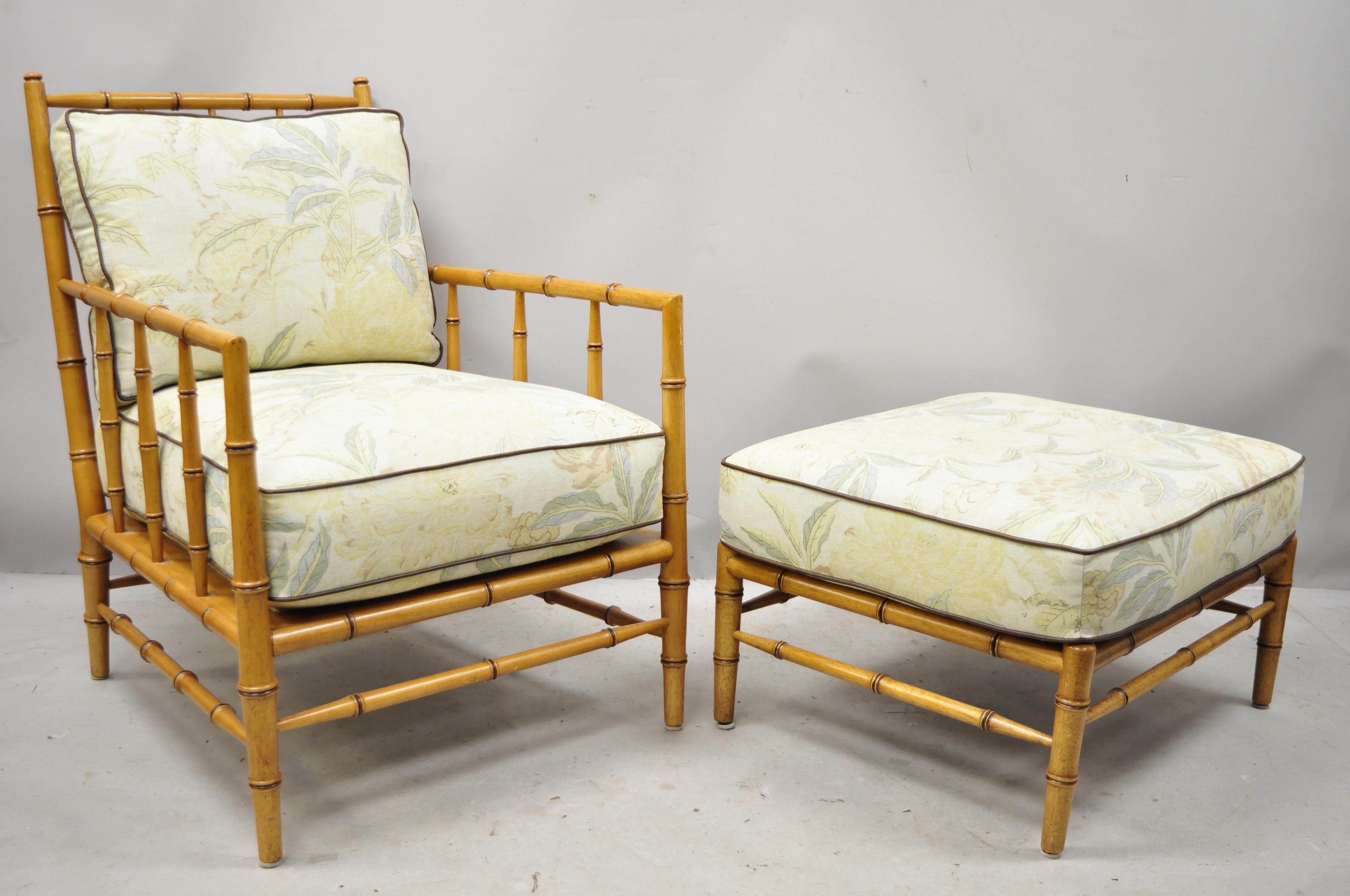 20th century Martha Stewart for Bernhardt faux bamboo Chinese Chippendale lounge armchair and ottoman. Listing includes (1) armchair, (1) ottoman, solid wood frame, nicely carved details, original labels, very nice set, great style and form, circa