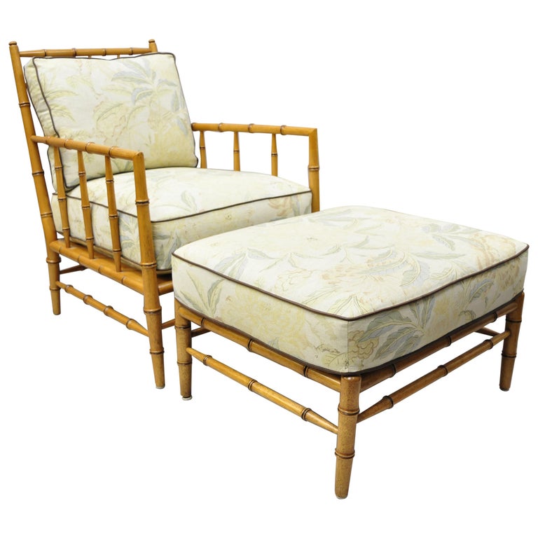 Faux Bamboo Chinese Chippendale Martha Stewart Bernhardt Lounge Chair and Ottoman at 1stDibs