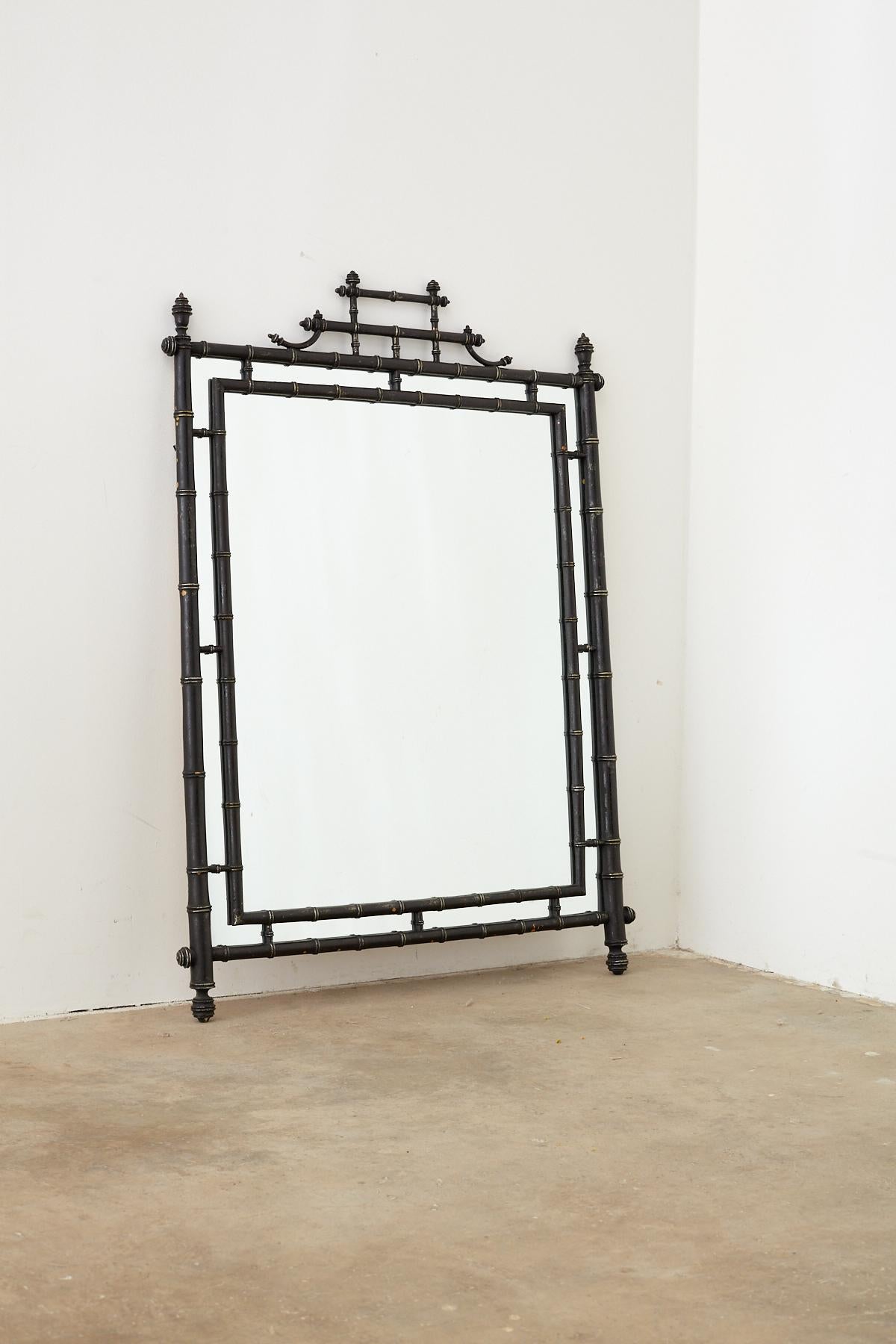 Faux Bamboo Chinoiserie Black Lacquered Mirror 4