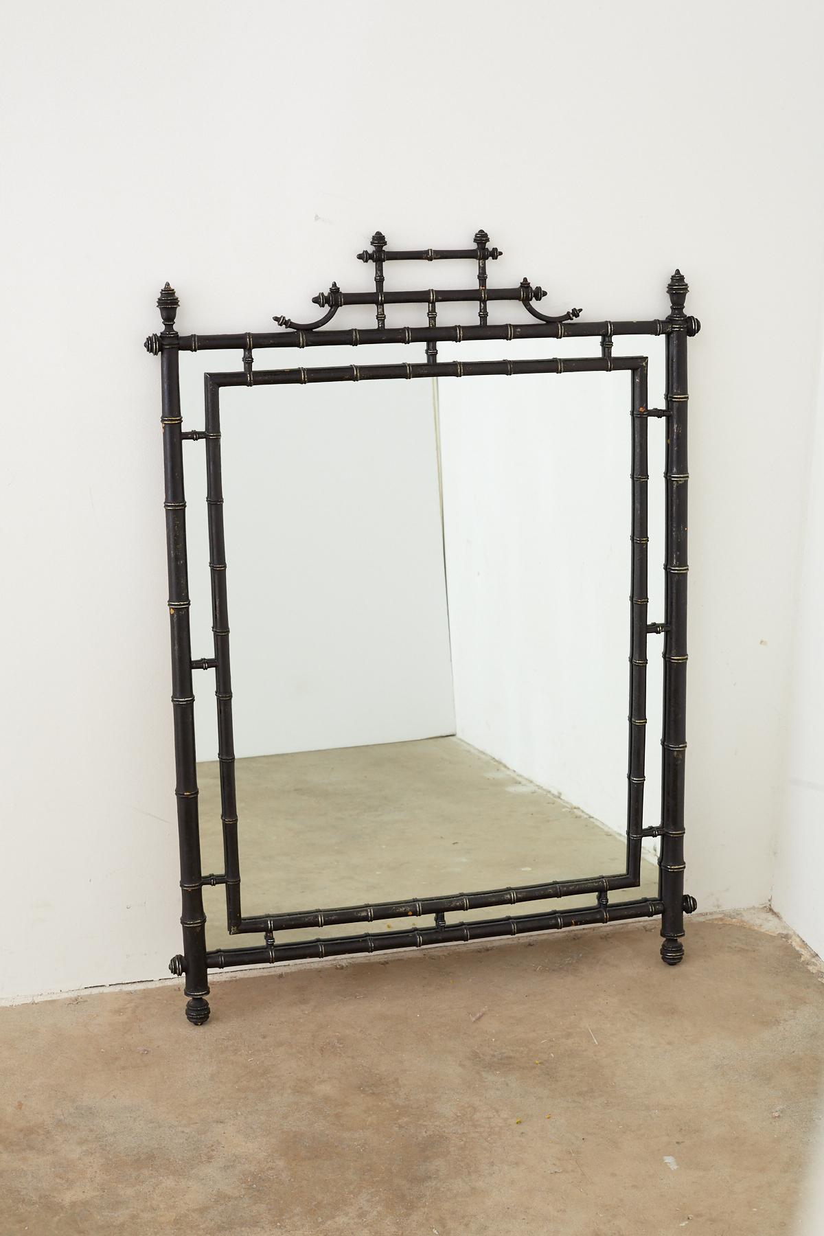 Faux Bamboo Chinoiserie Black Lacquered Mirror 5