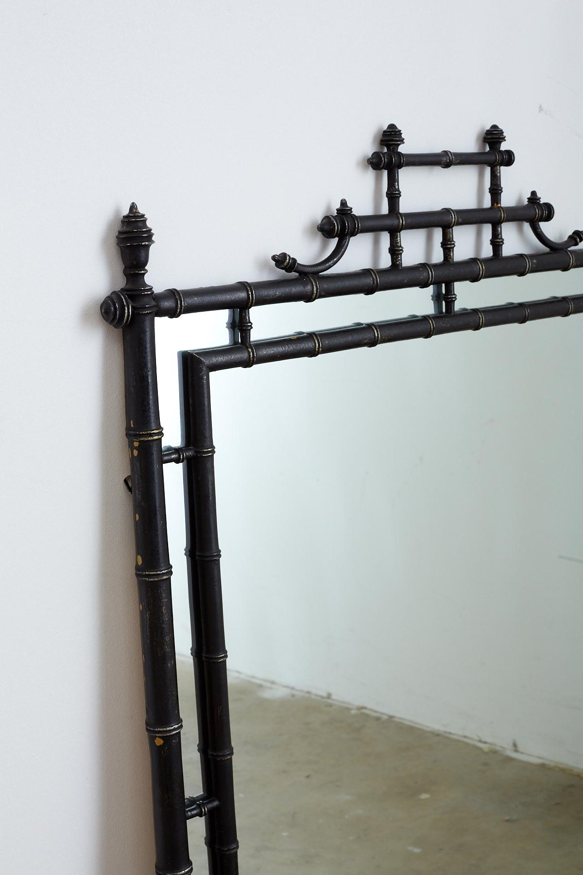 American Faux Bamboo Chinoiserie Black Lacquered Mirror