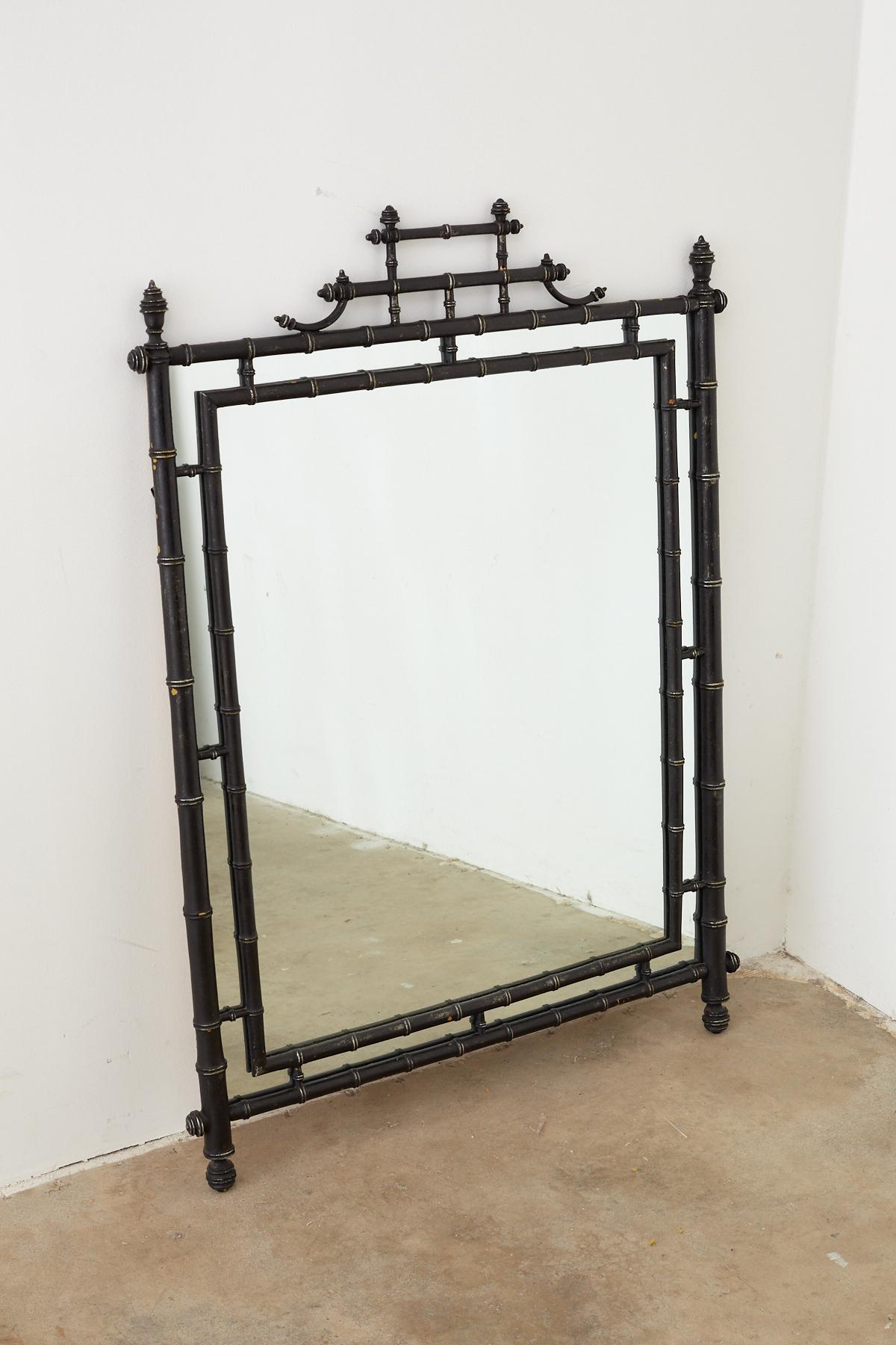 Faux Bamboo Chinoiserie Black Lacquered Mirror 1