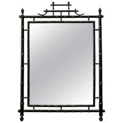 Vintage Faux Bamboo Chinoiserie Black Lacquered Mirror