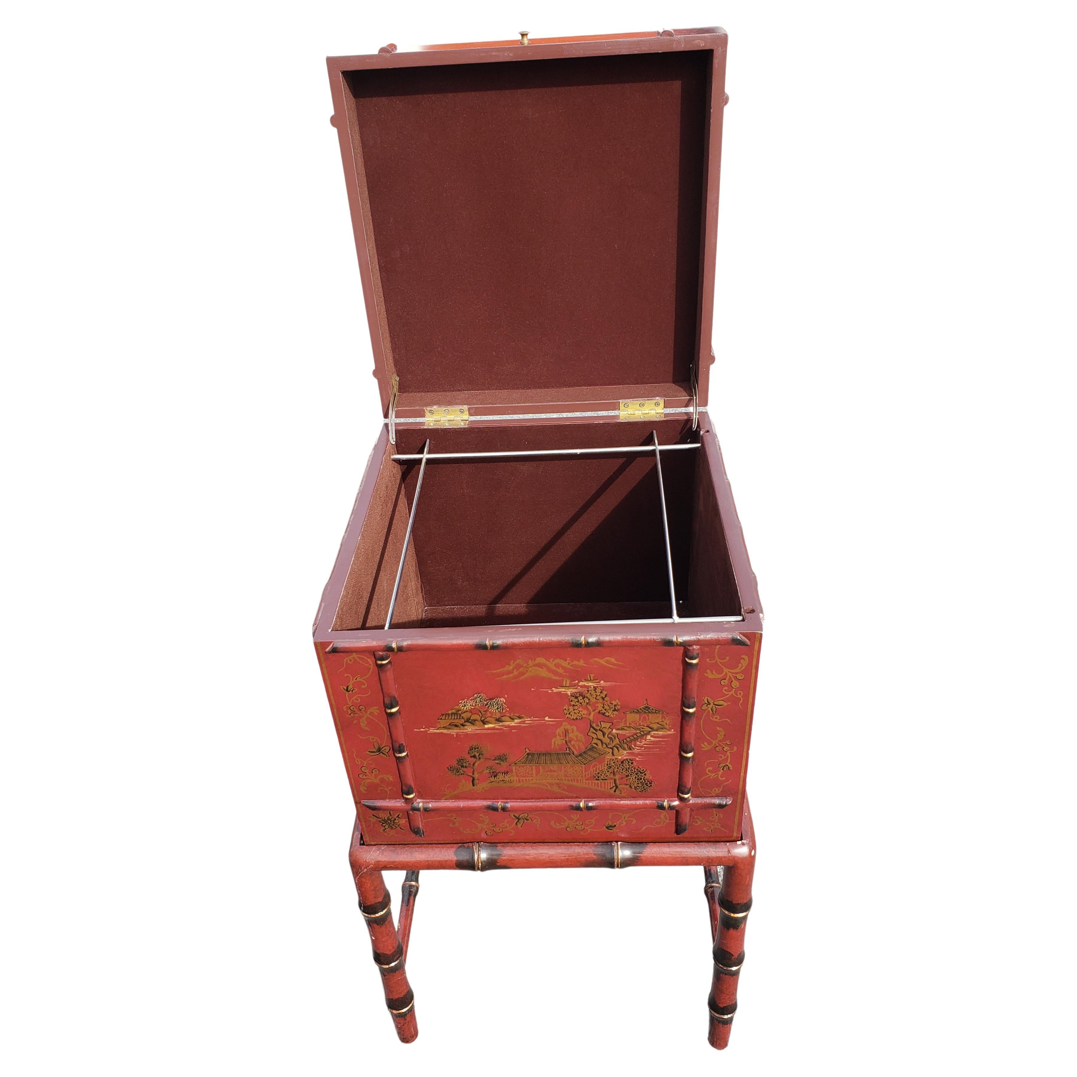 Hand-Painted Faux Bamboo Chinoiserie Decorated Box Table Filing Cabinet