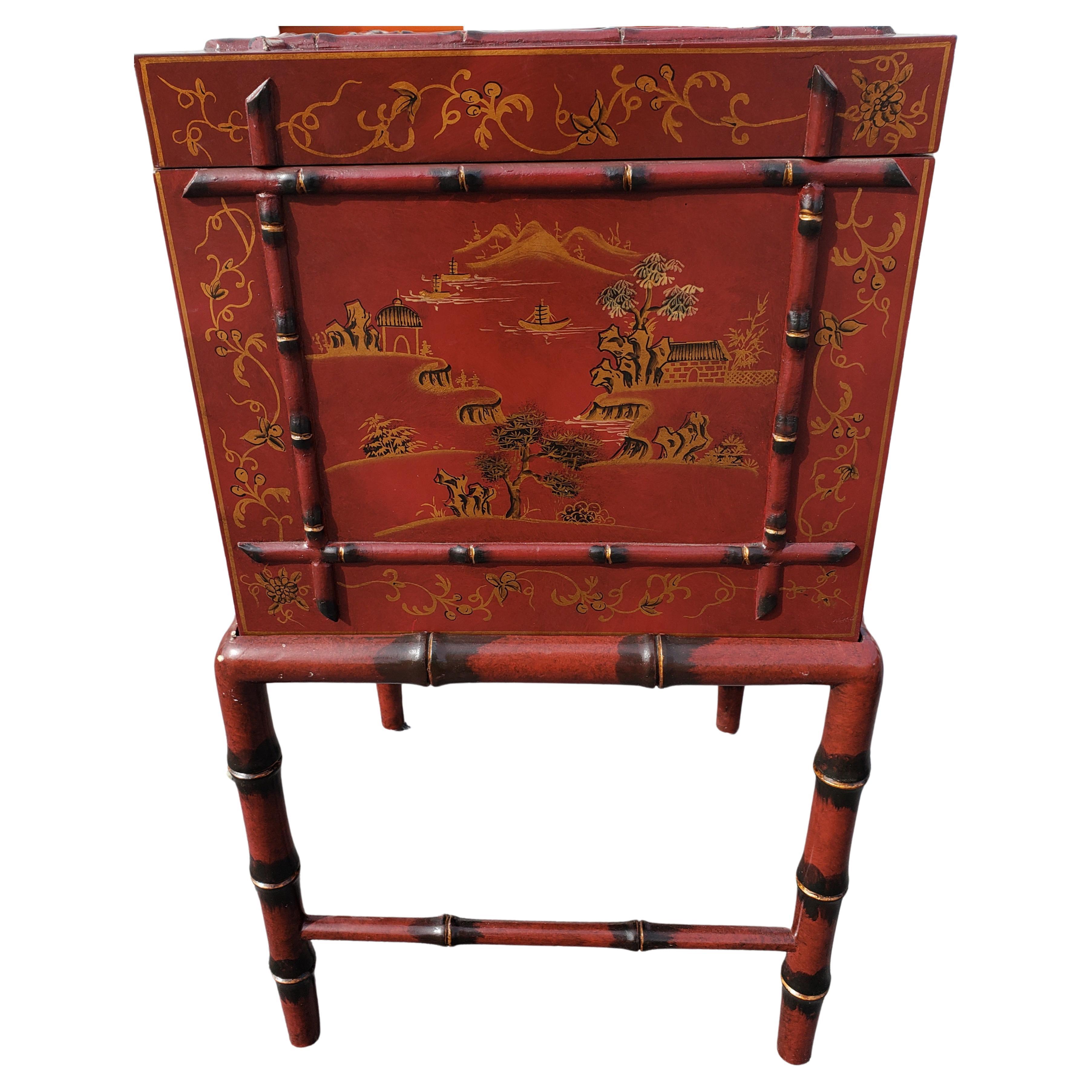 Faux Bamboo Chinoiserie Decorated Box Table Filing Cabinet In Good Condition In Germantown, MD