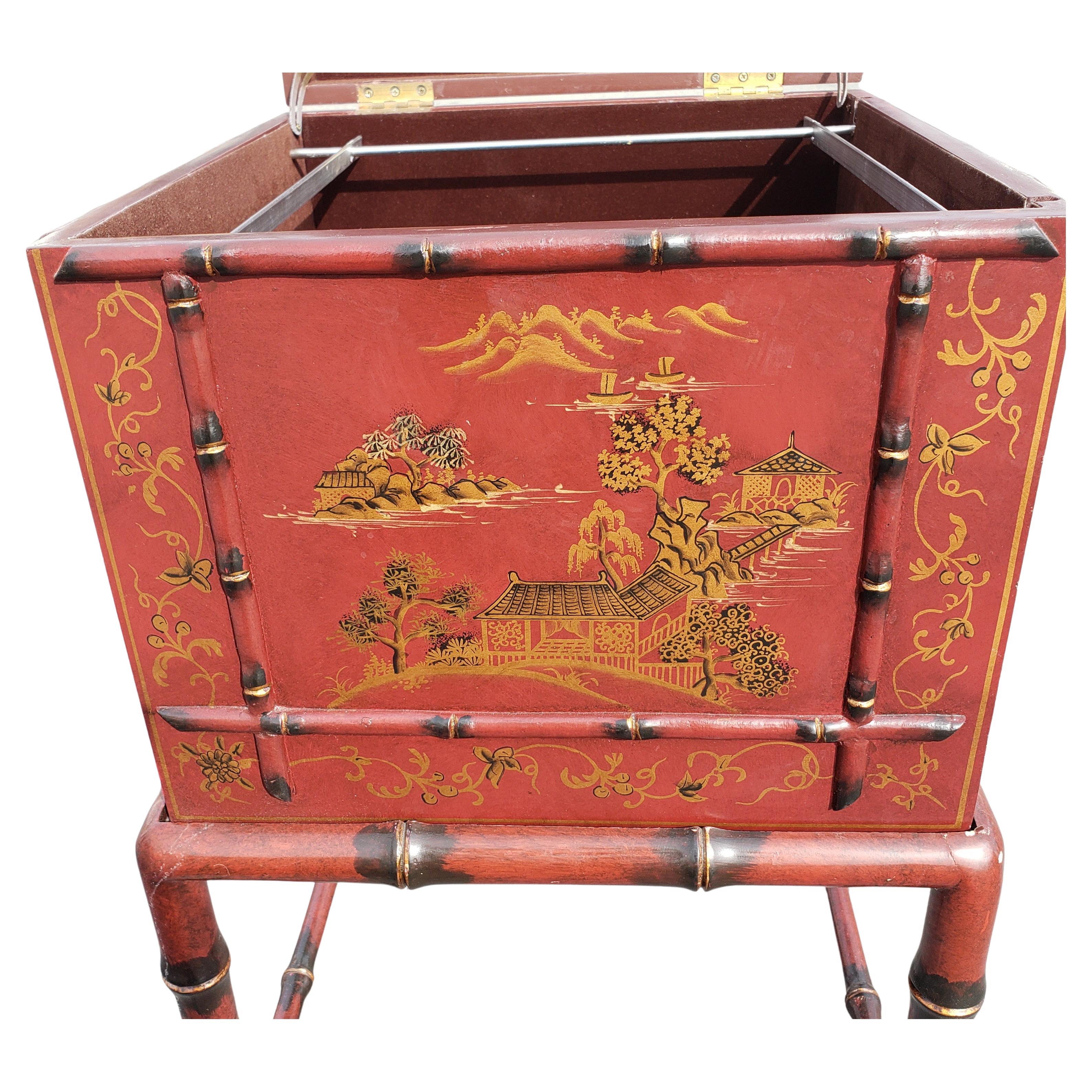 20th Century Faux Bamboo Chinoiserie Decorated Box Table Filing Cabinet