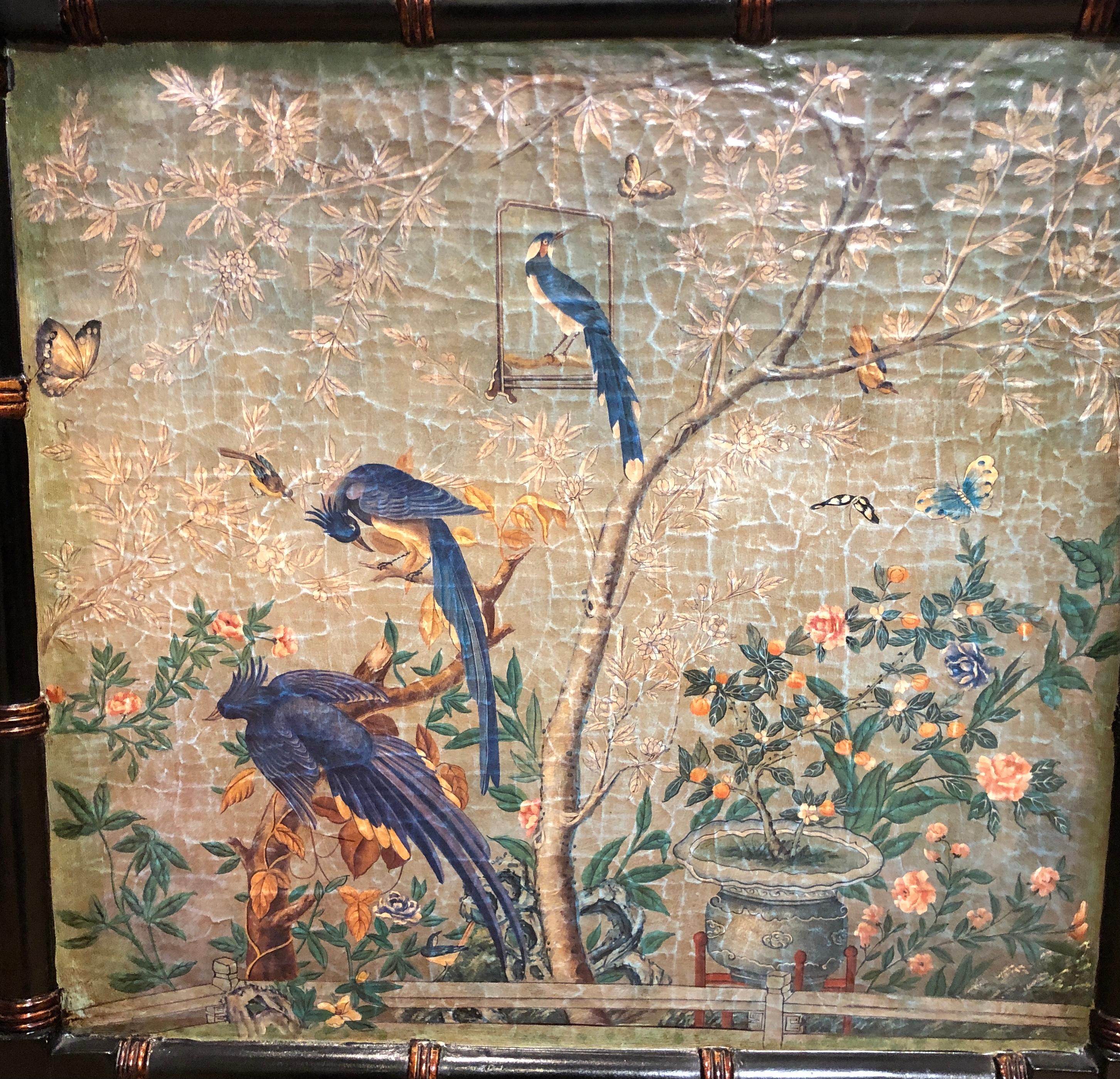 Faux bamboo chinoiserie fire screen. Garden scene with Ho Ho birds, butterflies and florals. Possibly Maitland Smith.