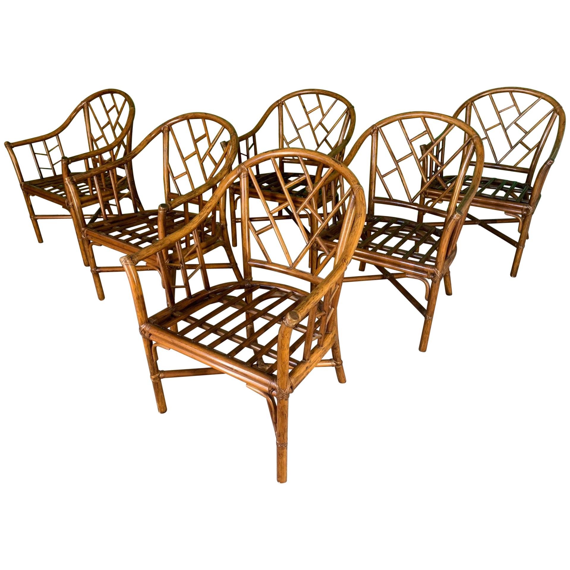 Faux Bamboo Chinoiserie Rattan Armchairs, Set of 6