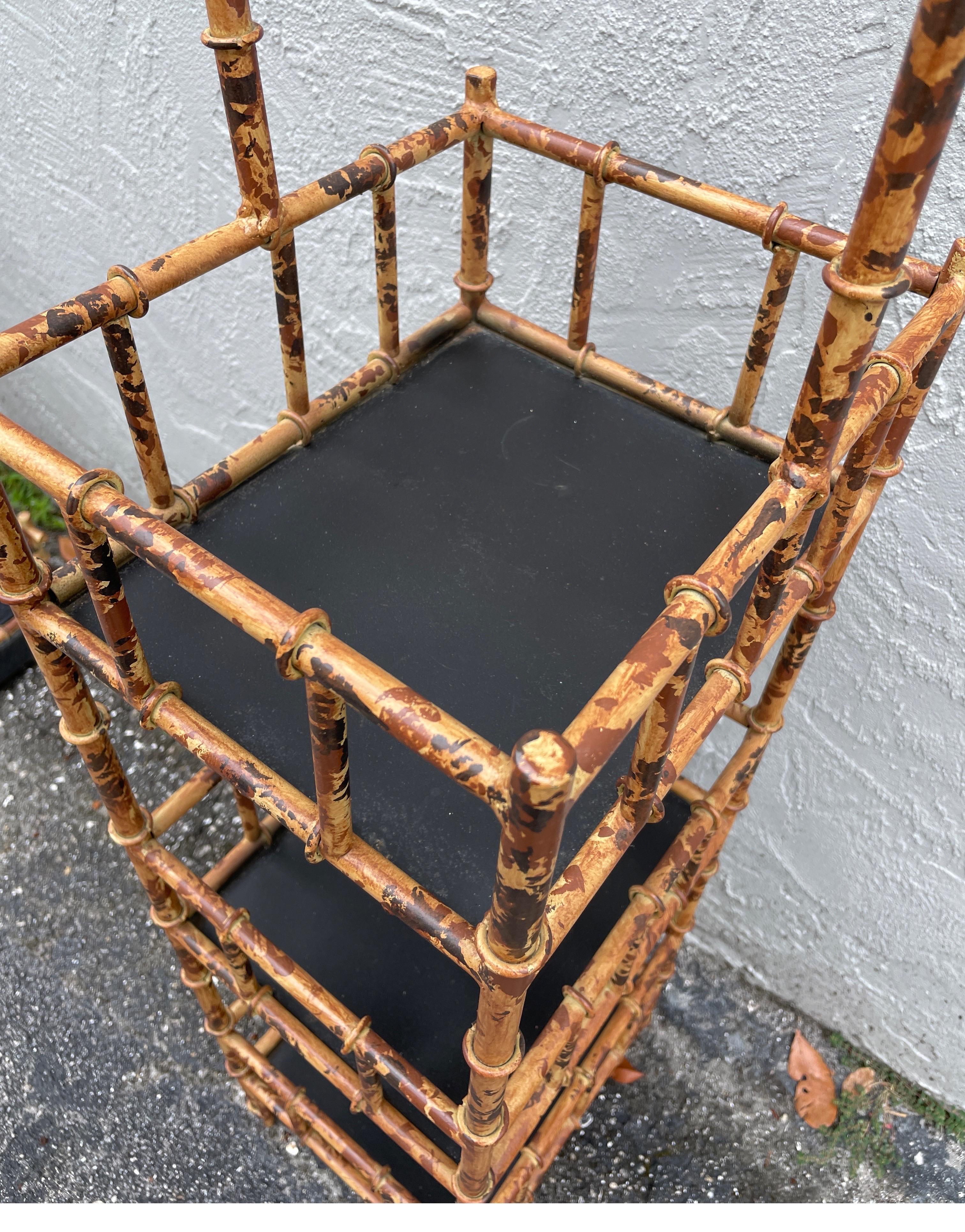 Faux Bamboo Chinoiserie Style Three Tier Tole Stand In Good Condition In West Palm Beach, FL