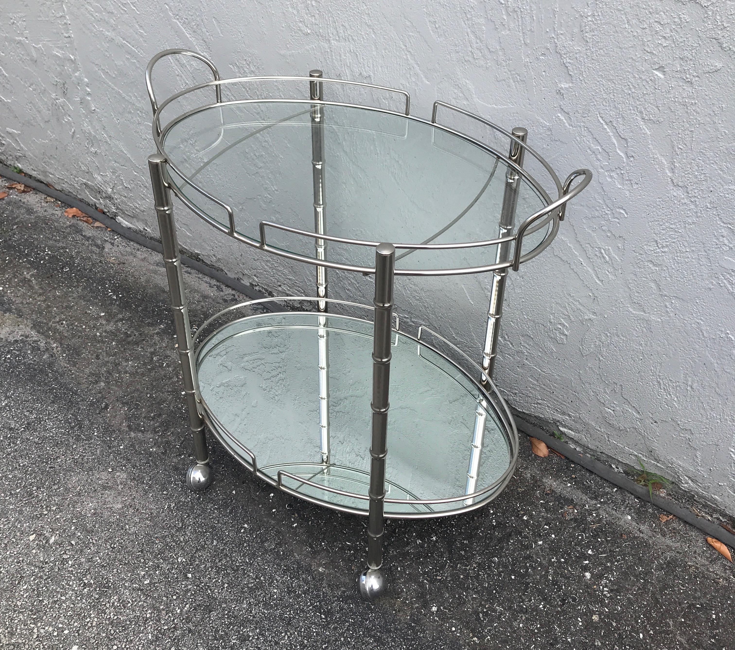 Faux Bamboo Chrome Bar Cart In Good Condition In West Palm Beach, FL