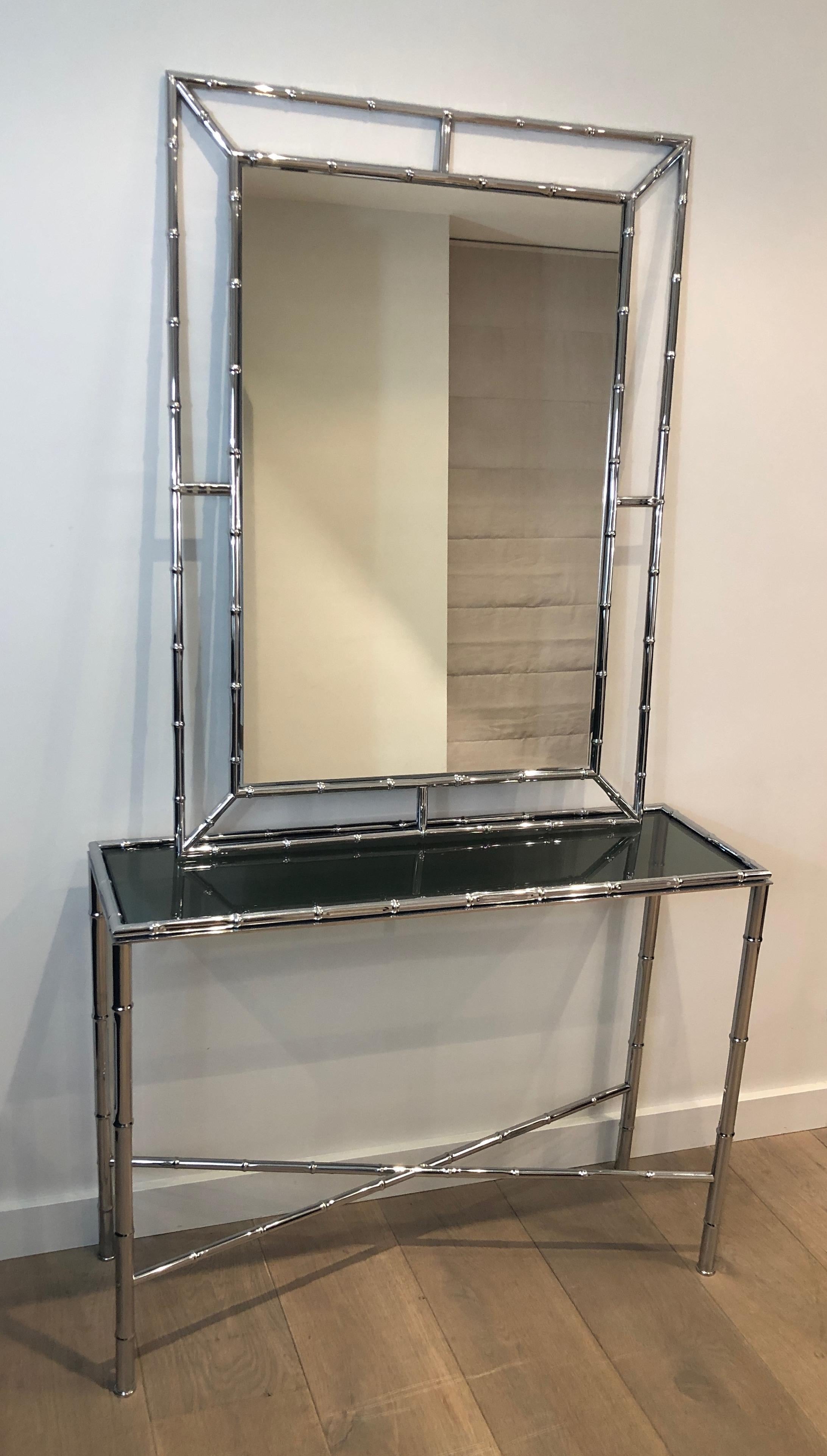 Faux-Bamboo Chrome Console and Matching Mirror, Maison Baguès Style For Sale 2