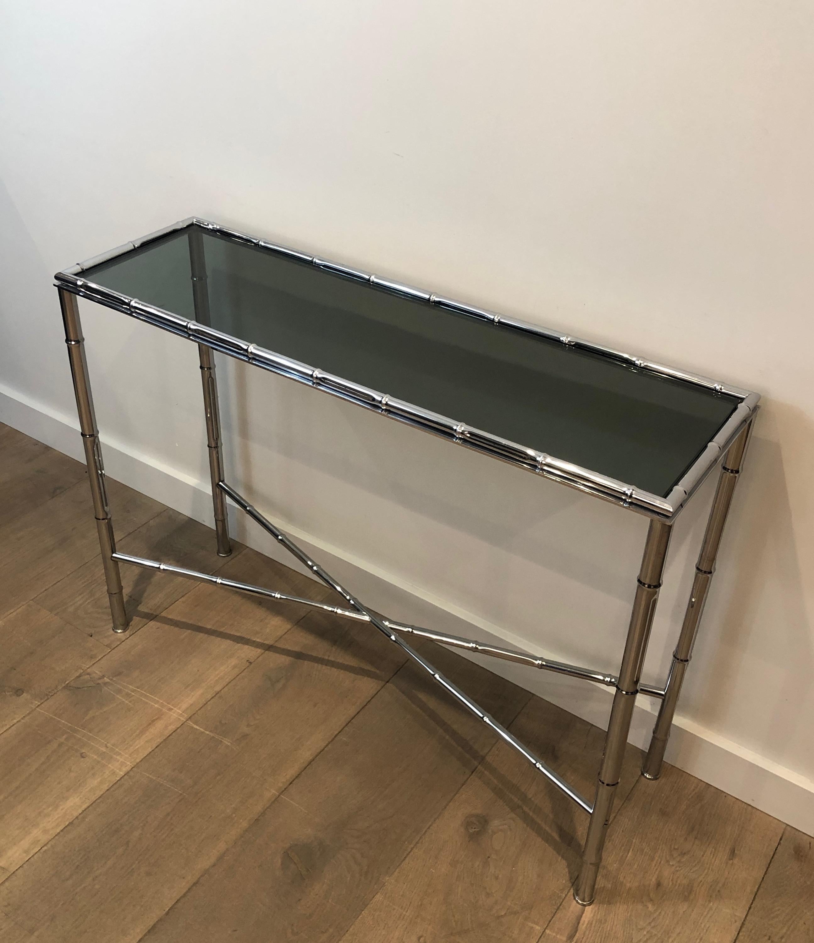 Faux-Bamboo Chrome Console and Matching Mirror, Maison Baguès Style For Sale 3