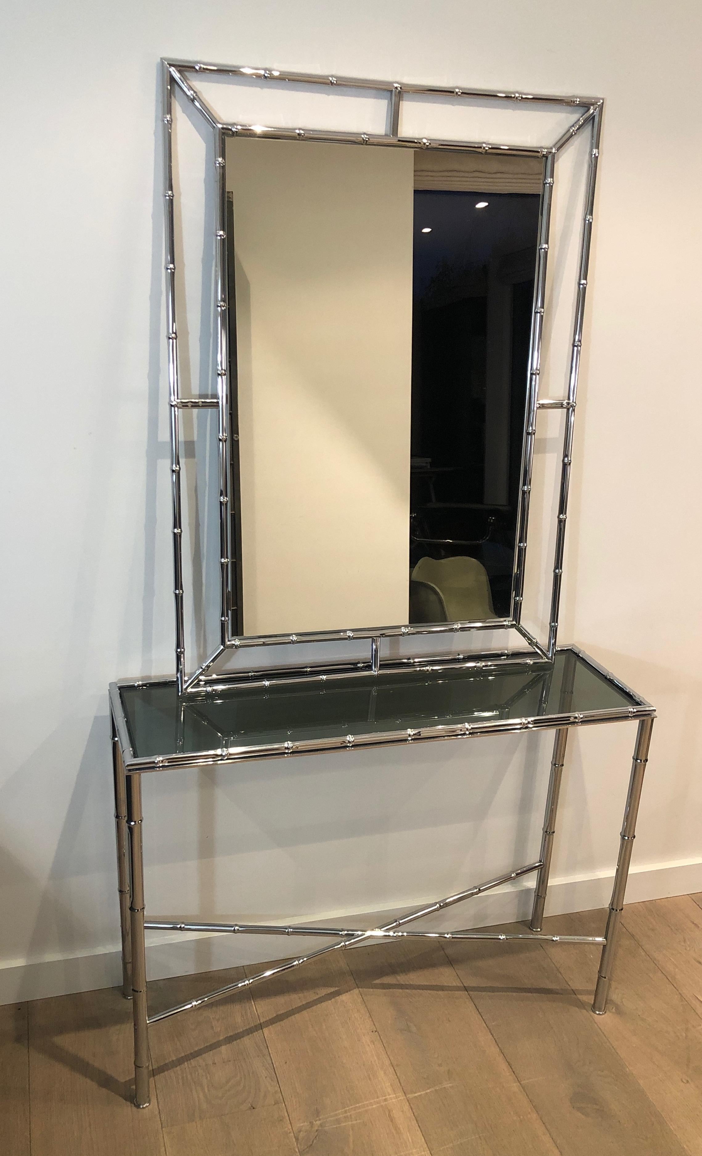 Faux-Bamboo Chrome Console and Matching Mirror, Maison Baguès Style For Sale 8