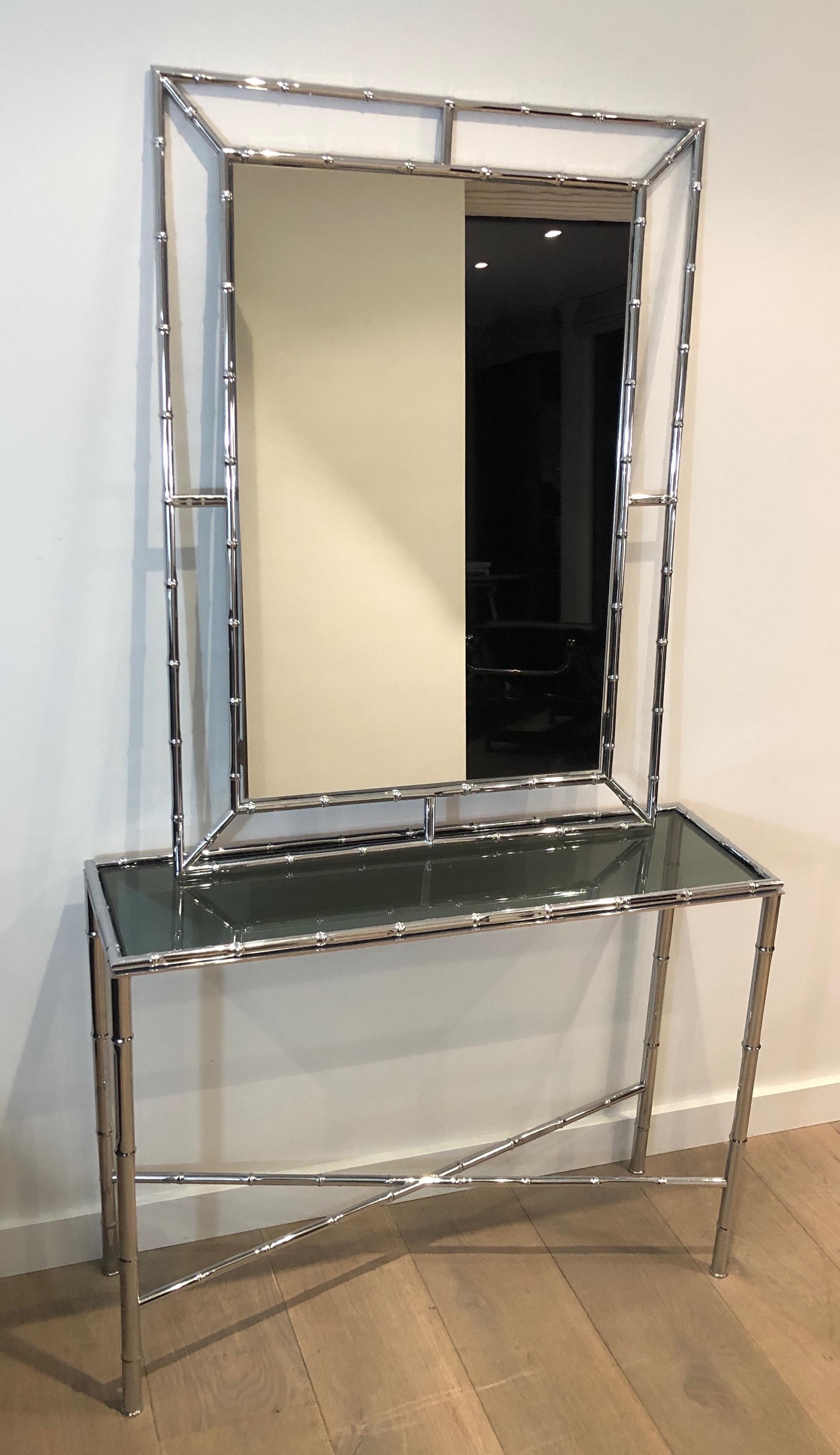 Faux-Bamboo Chrome Console and Matching Mirror, Maison Baguès Style For Sale 9