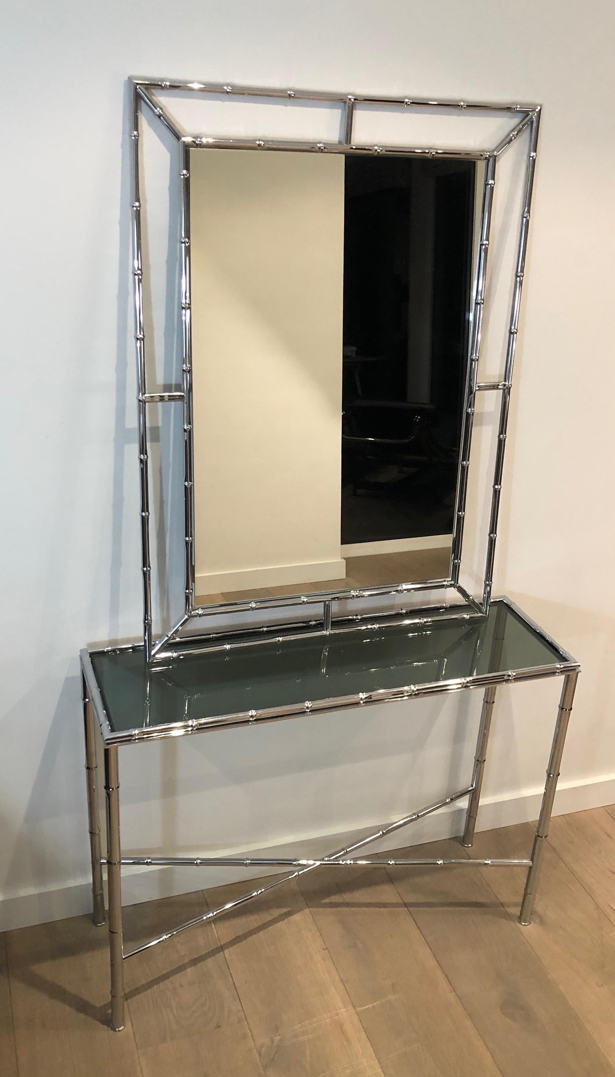 Faux-Bamboo Chrome Console and Matching Mirror, Maison Baguès Style For Sale 10