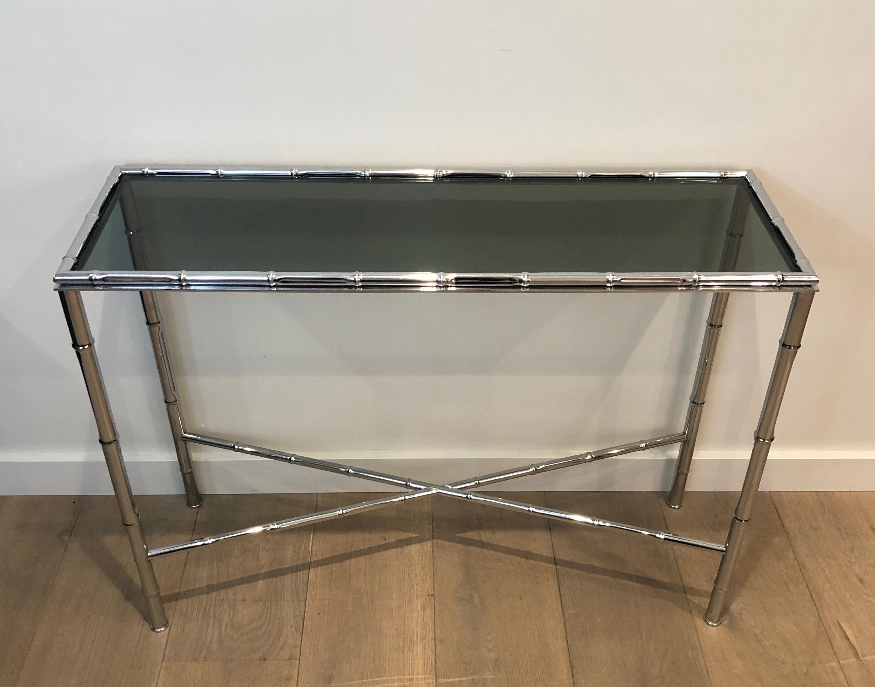 Mid-Century Modern Faux-Bamboo Chrome Console and Matching Mirror, Maison Baguès Style For Sale