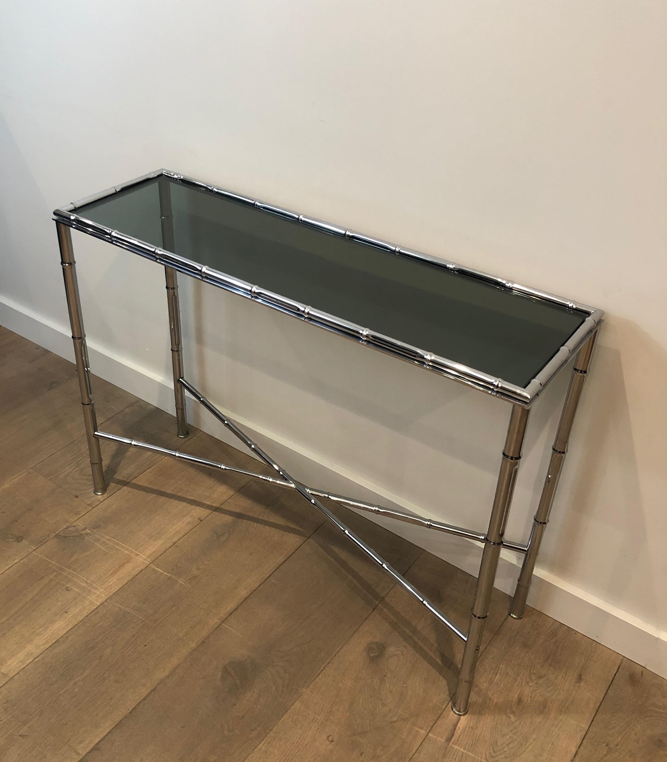 French Faux-Bamboo Chrome Console and Matching Mirror, Maison Baguès Style For Sale
