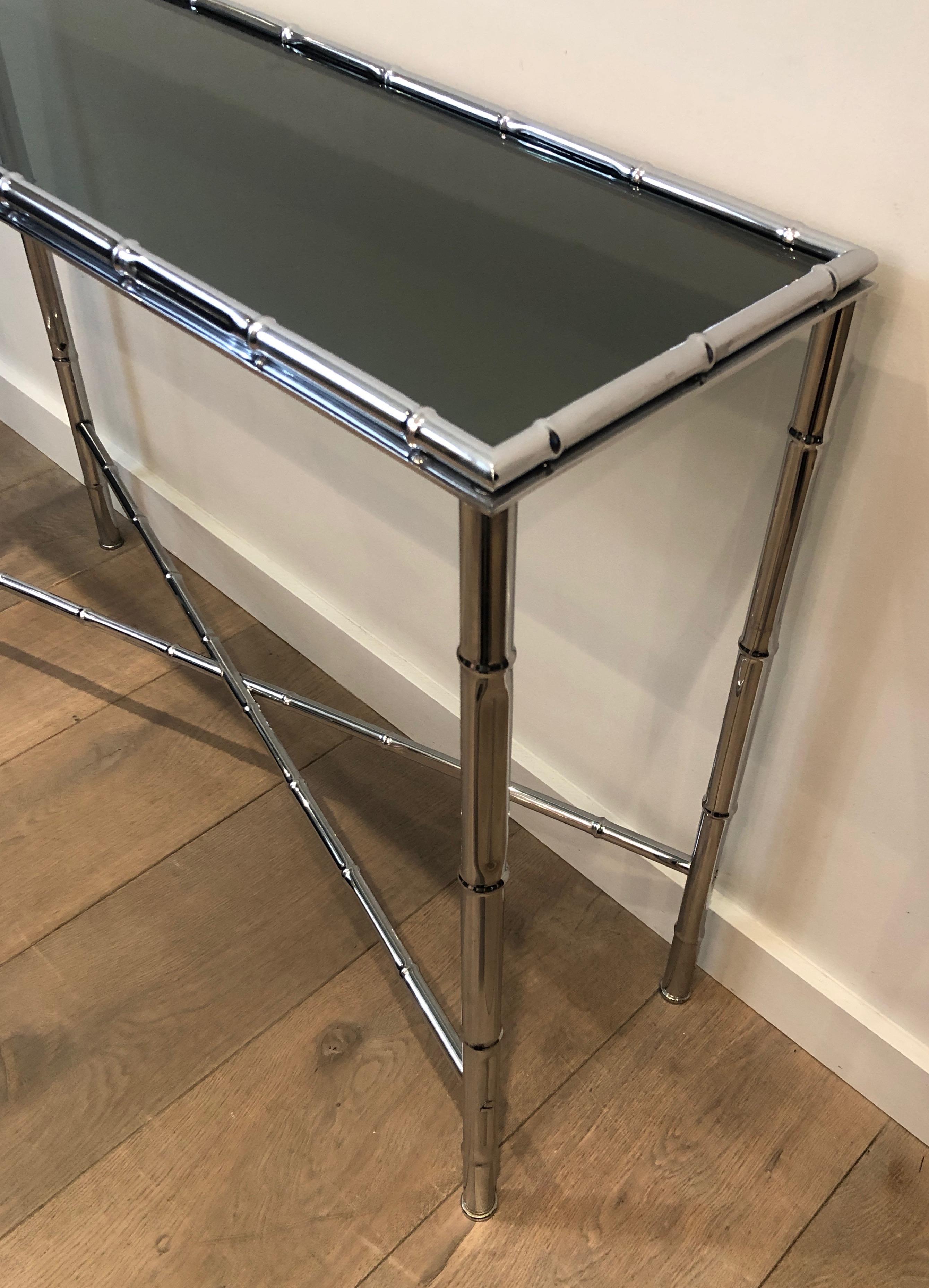 Bronzed Faux-Bamboo Chrome Console and Matching Mirror, Maison Baguès Style For Sale