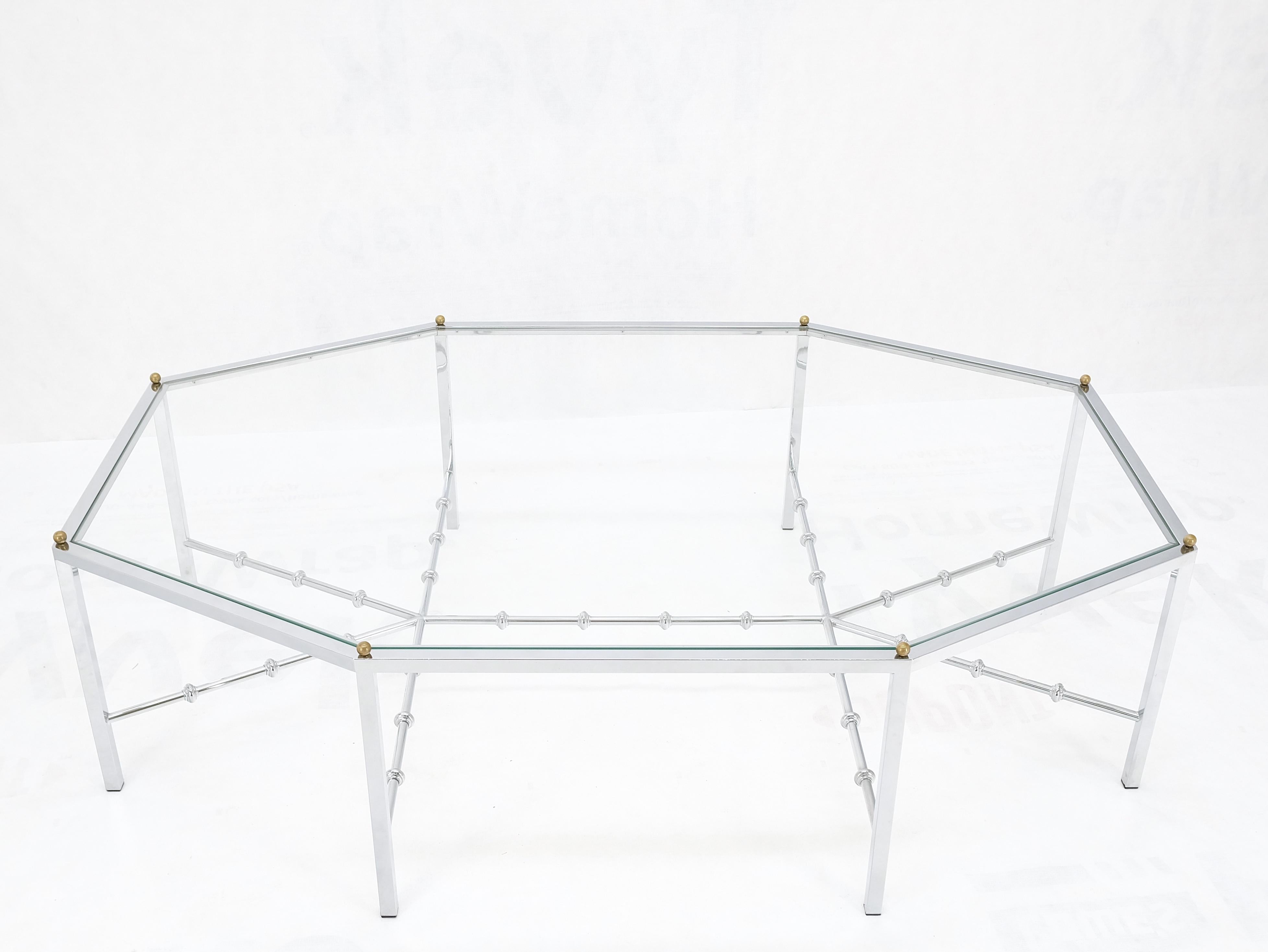 Faux Bamboo Chrome Glass Top Brass Balls Finials Elongated Hexagon Coffee Table For Sale 3