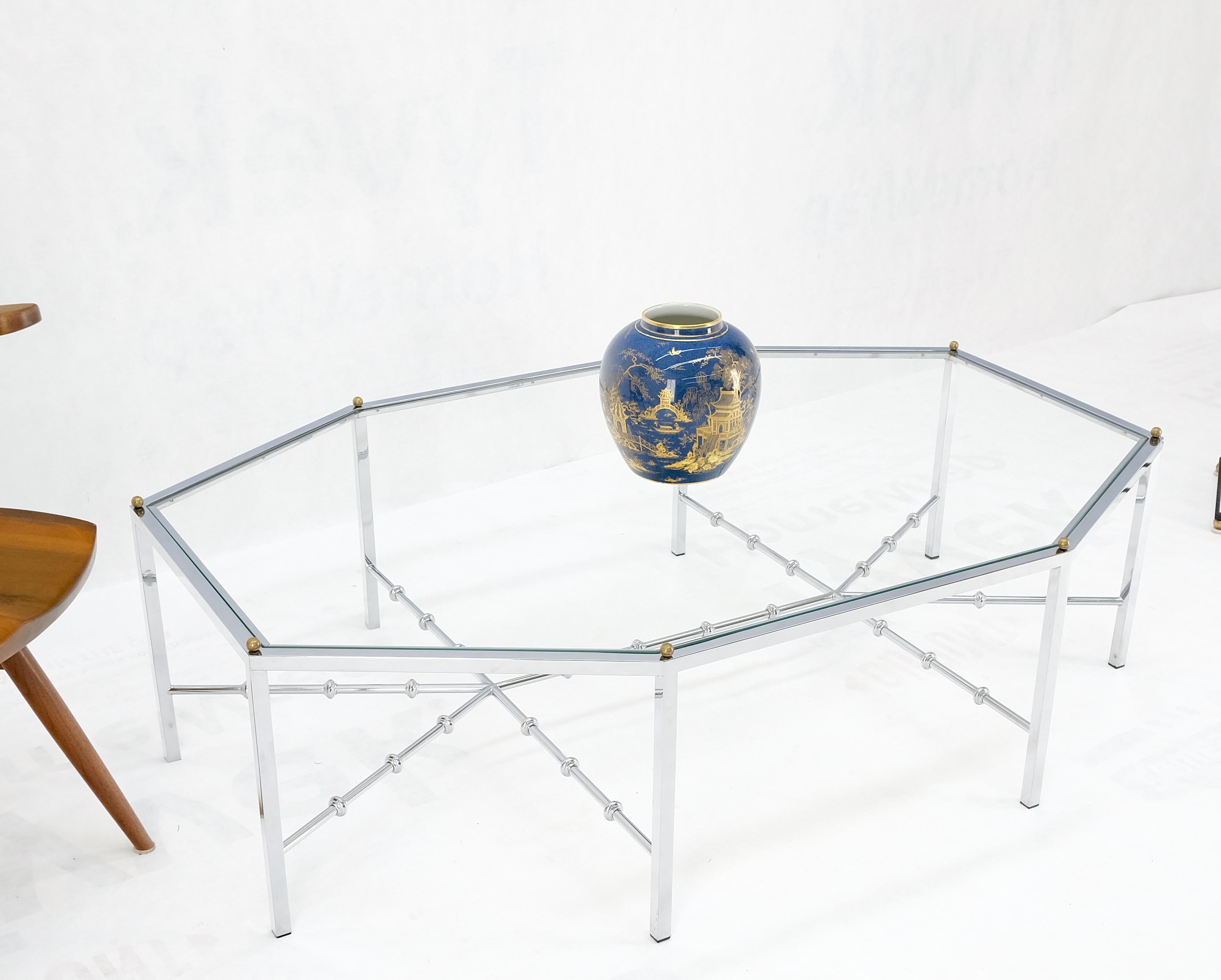 Faux Bamboo Chrome Glass Top Brass Balls Finials Elongated Hexagon Coffee Table For Sale 5