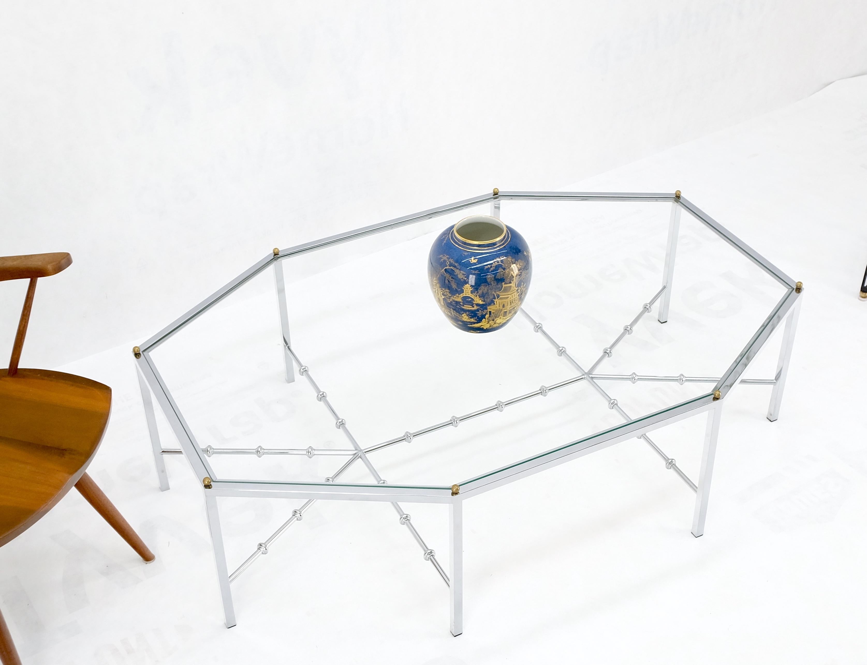 Faux Bamboo Chrome Glass Top Brass Balls Finials Elongated Hexagon Coffee Table For Sale 6