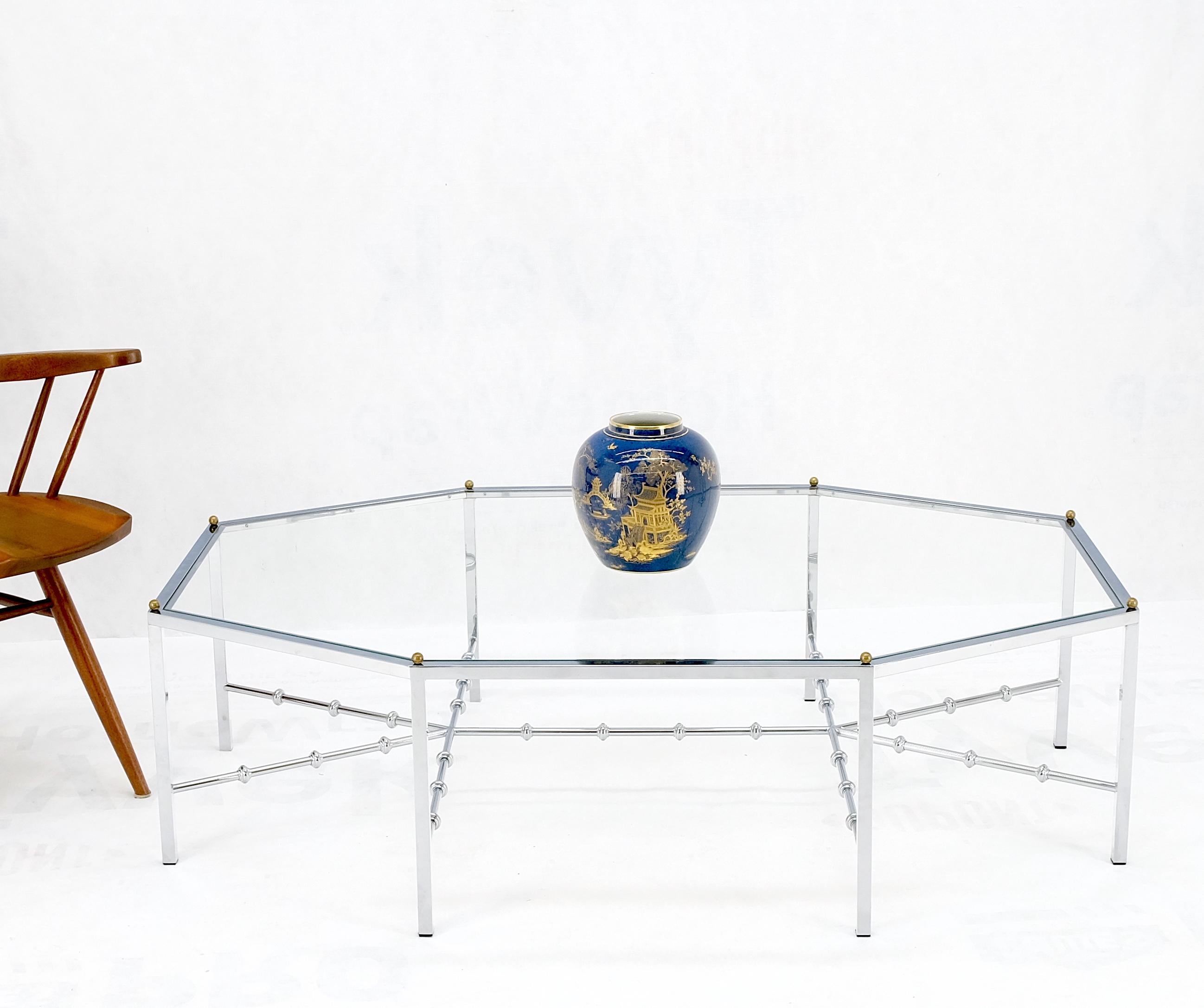 Faux bamboo chrome glass top brass balls finials elongated hexagon coffee table.