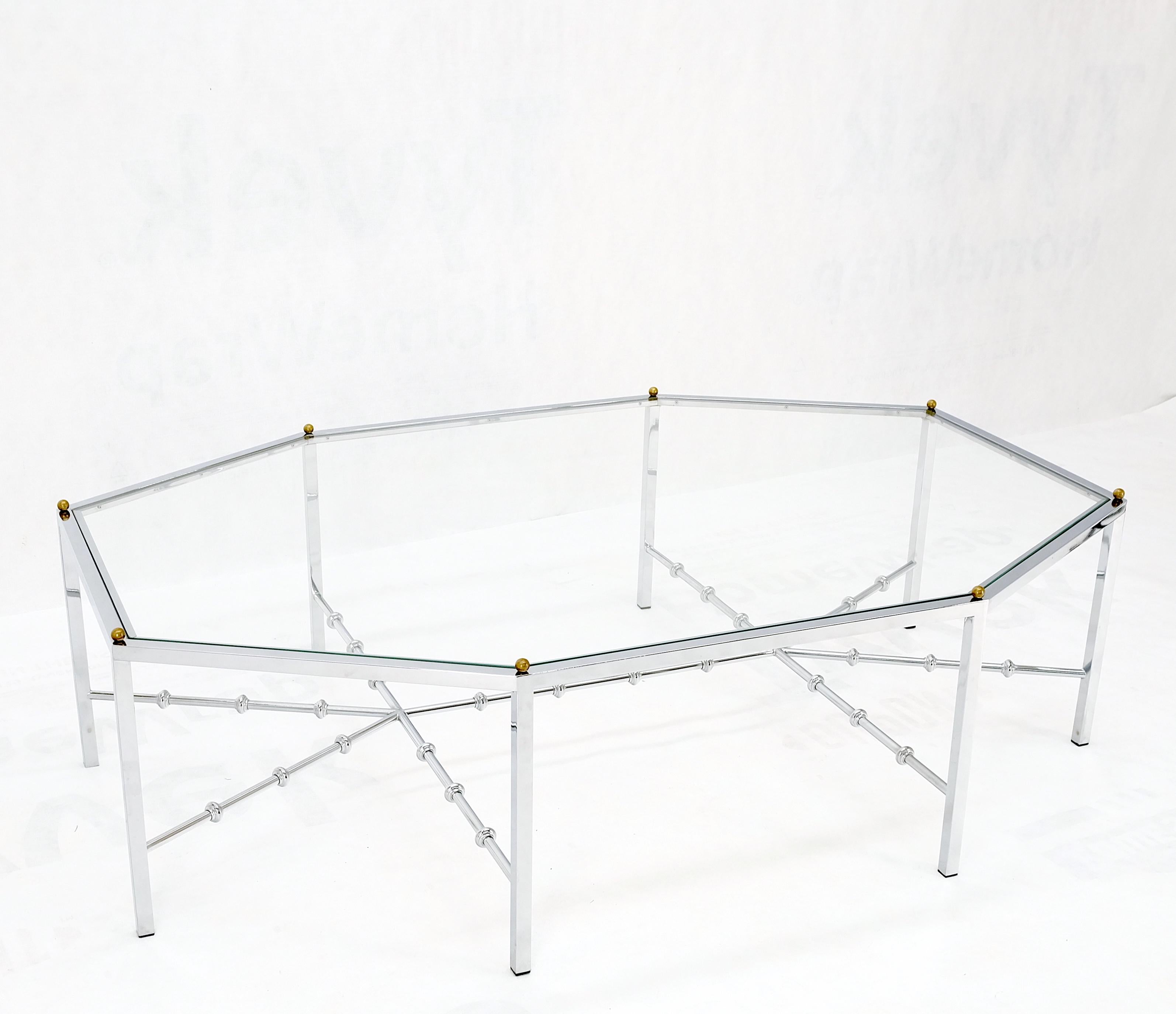 Faux Bamboo Chrome Glass Top Brass Balls Finials Elongated Hexagon Coffee Table For Sale 2