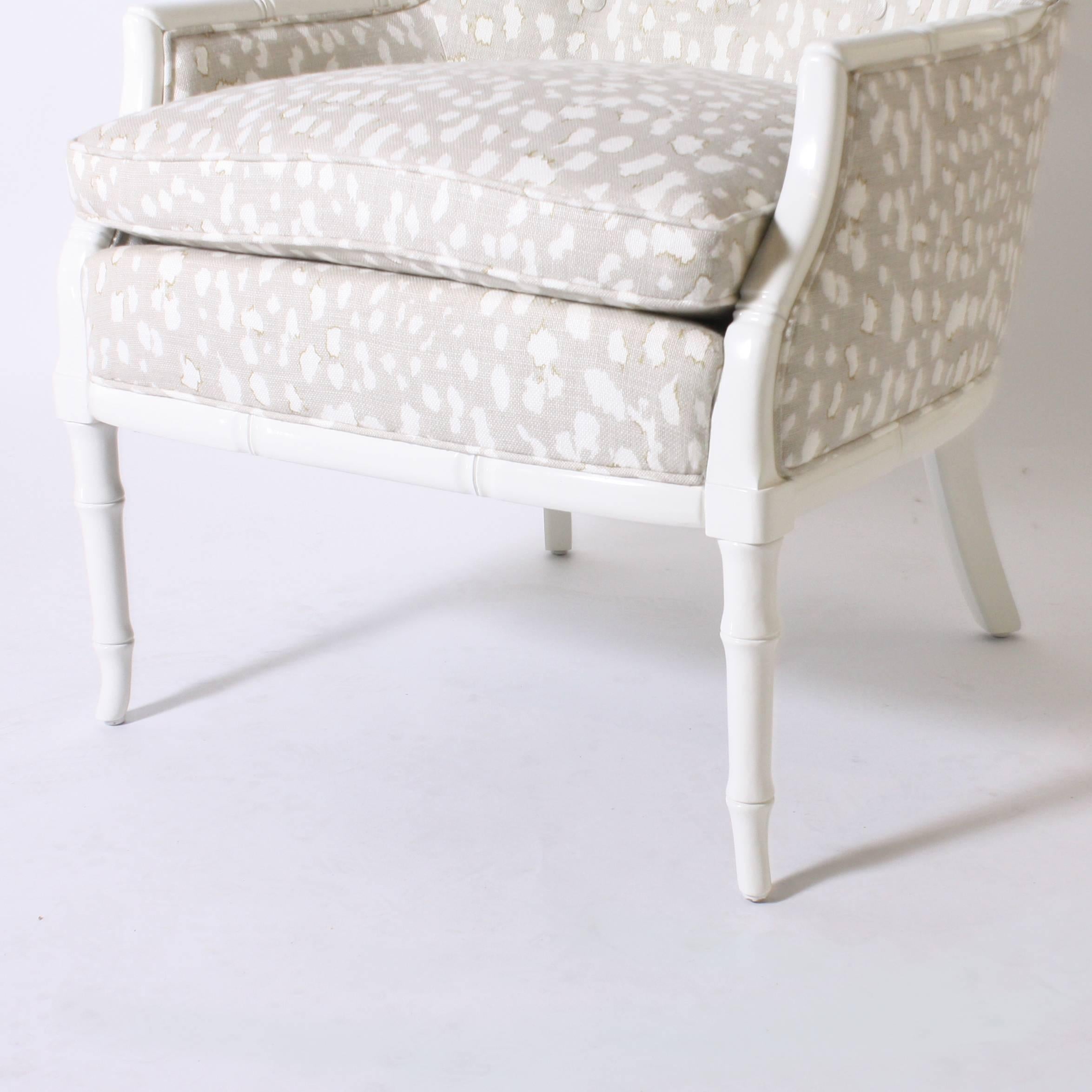 Faux bamboo club chair
Upholstered in Kravet, Lynx dot, 1611, Oyster.
  