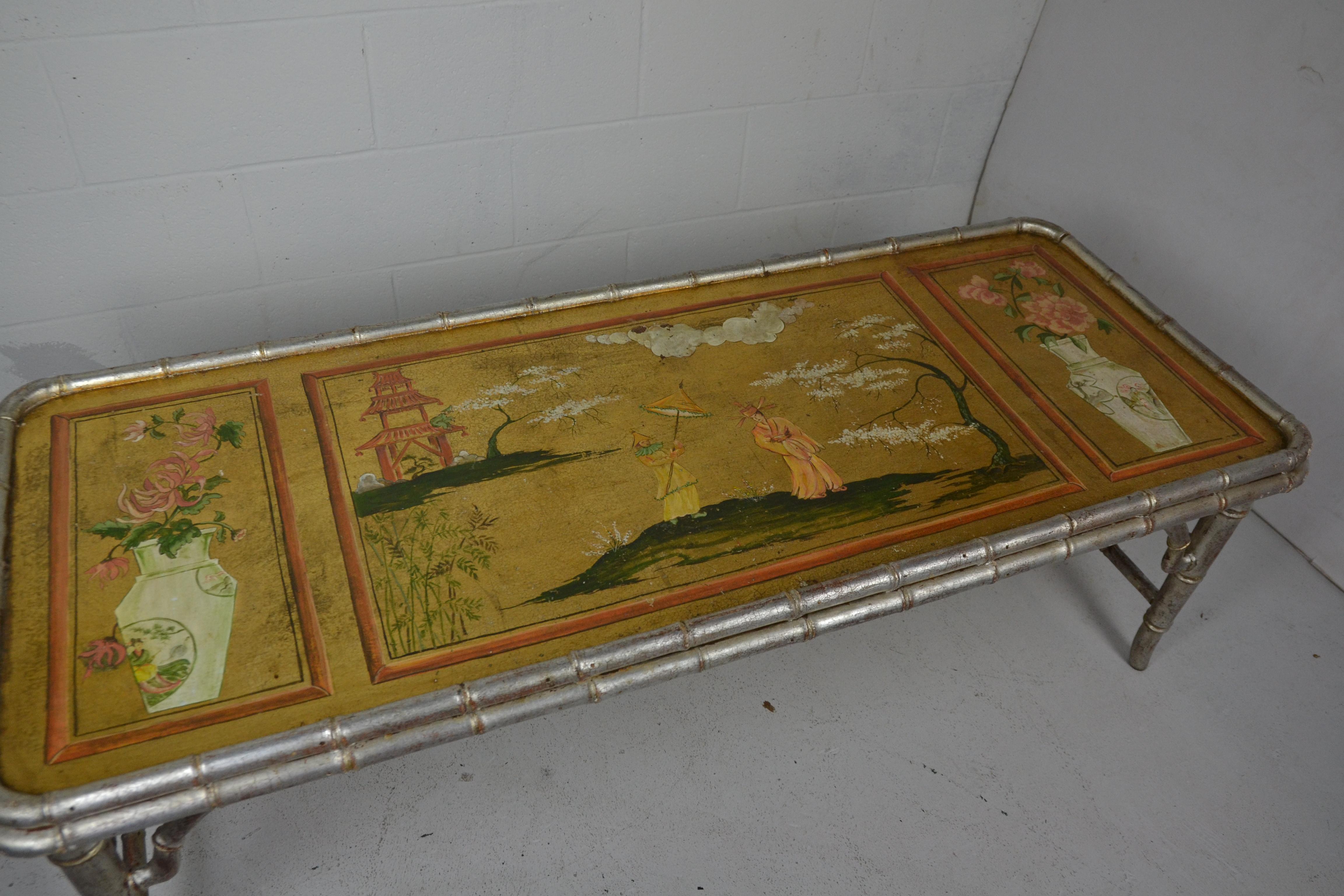 Italian Faux Bamboo Coffee Table with Chinoiserie Top For Sale