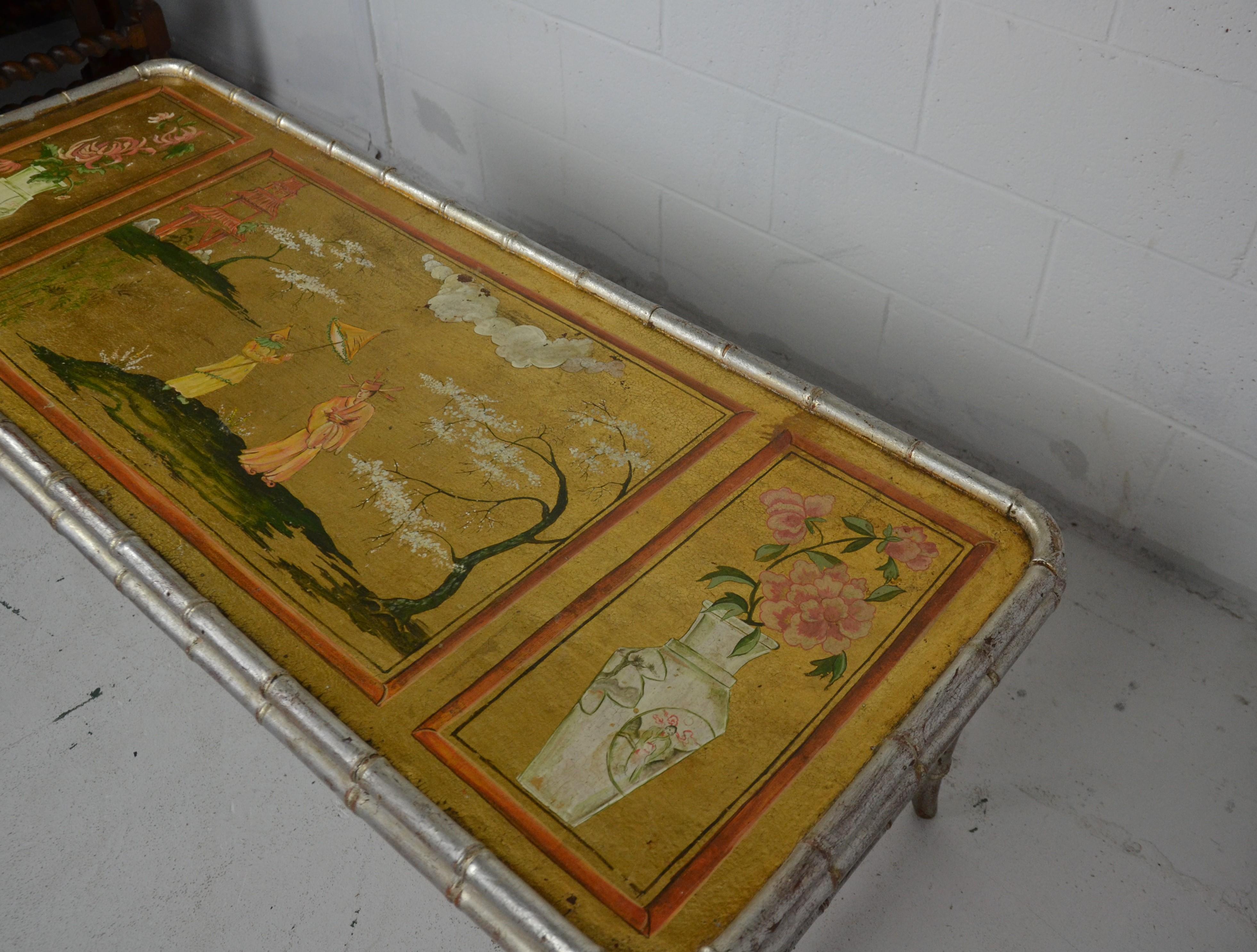 Mid-20th Century Faux Bamboo Coffee Table with Chinoiserie Top For Sale