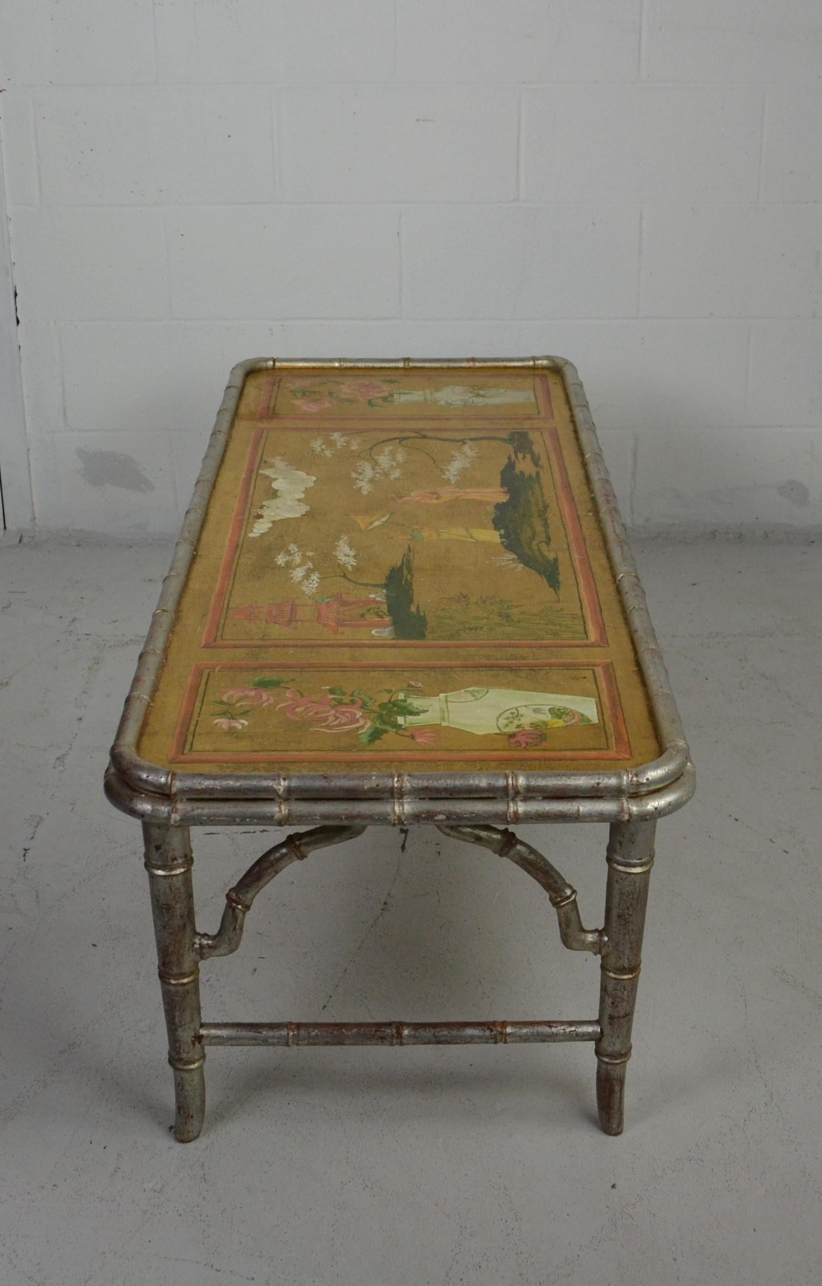 Faux Bamboo Coffee Table with Chinoiserie Top For Sale 1