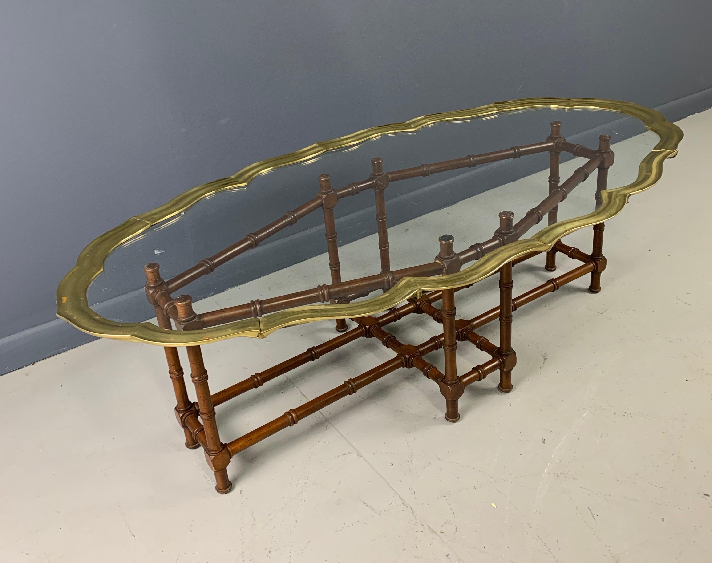 Mid-Century Modern Faux Bamboo Coffee Table with Brass and Glass Top