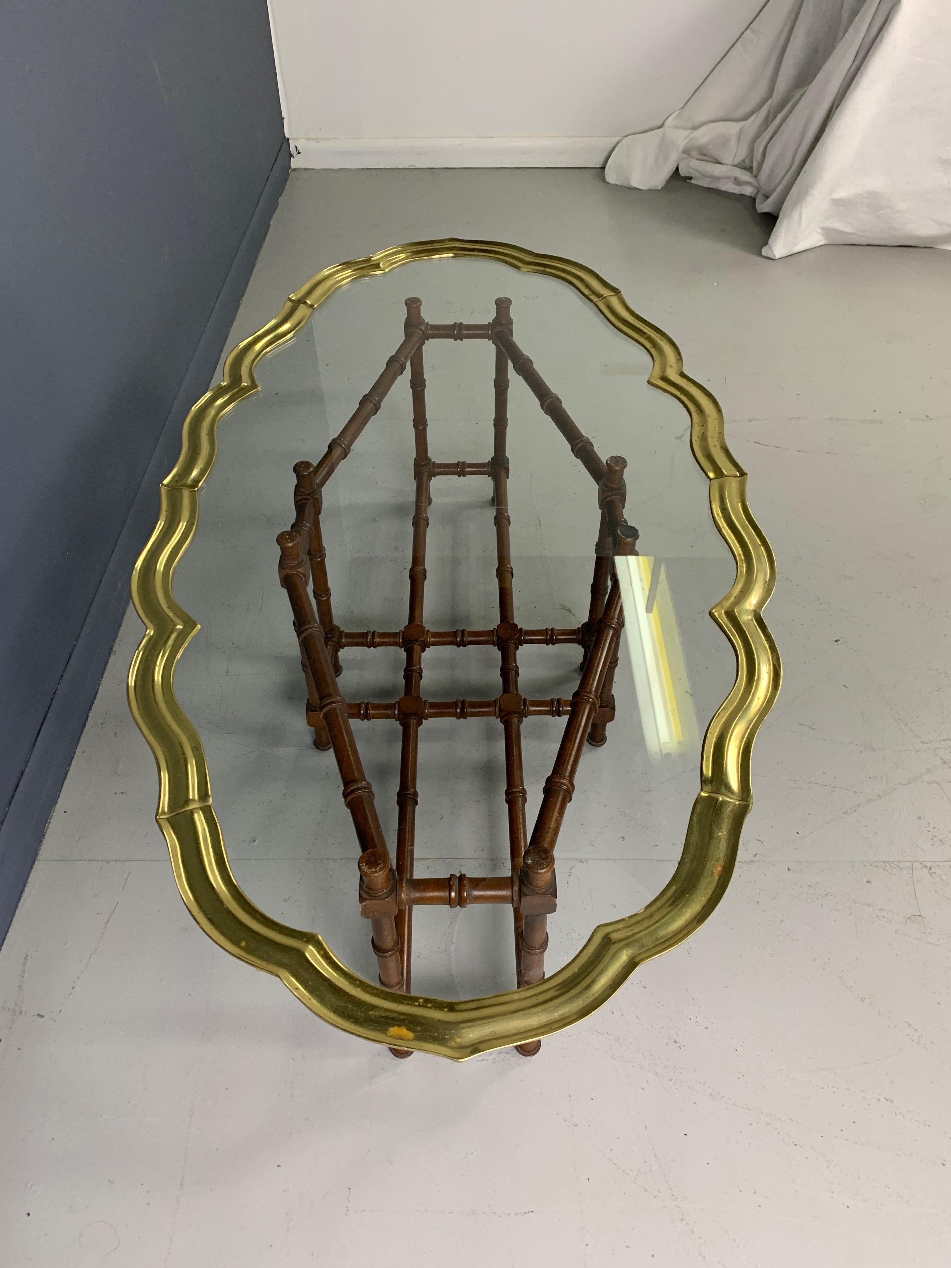 Faux Bamboo Coffee Table with Brass and Glass Top In Good Condition In Philadelphia, PA