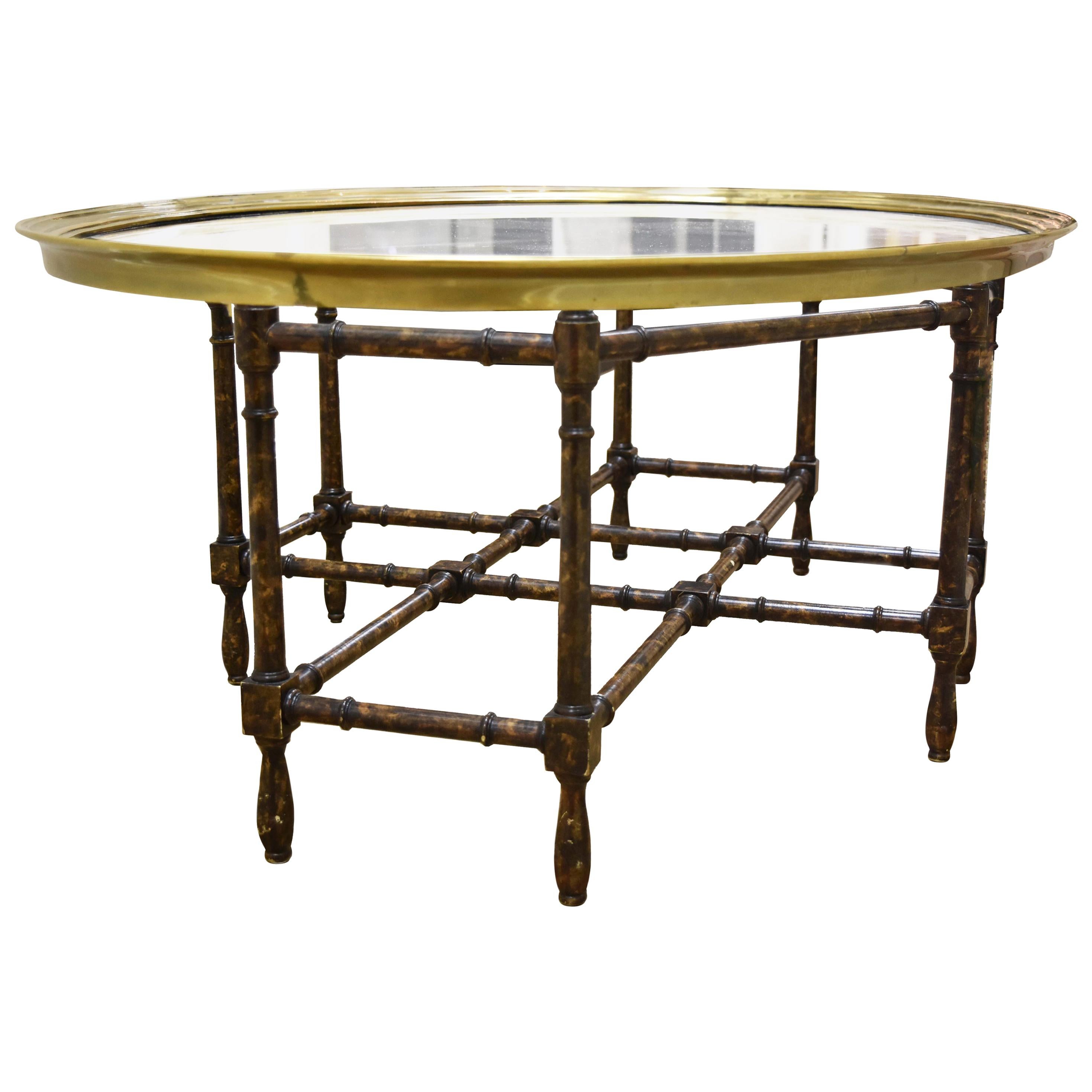 Faux Bamboo Coffee Table with Glass and Brass Top For Sale