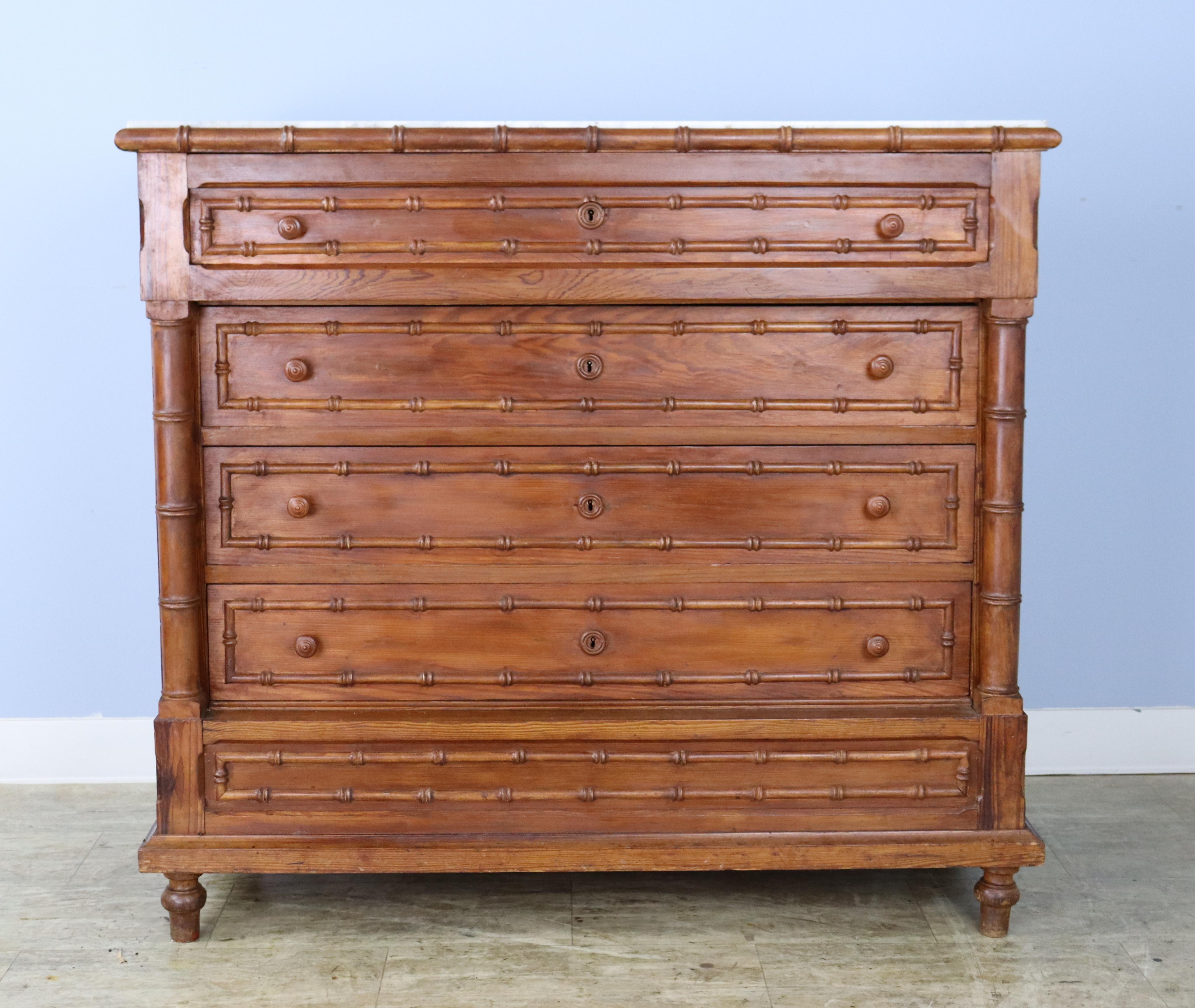French Faux Bamboo Commode with Marble Top For Sale