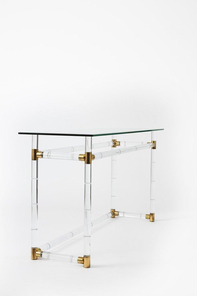 American Faux Bamboo Console in Lucite and Brass by Charles Hollis Jones