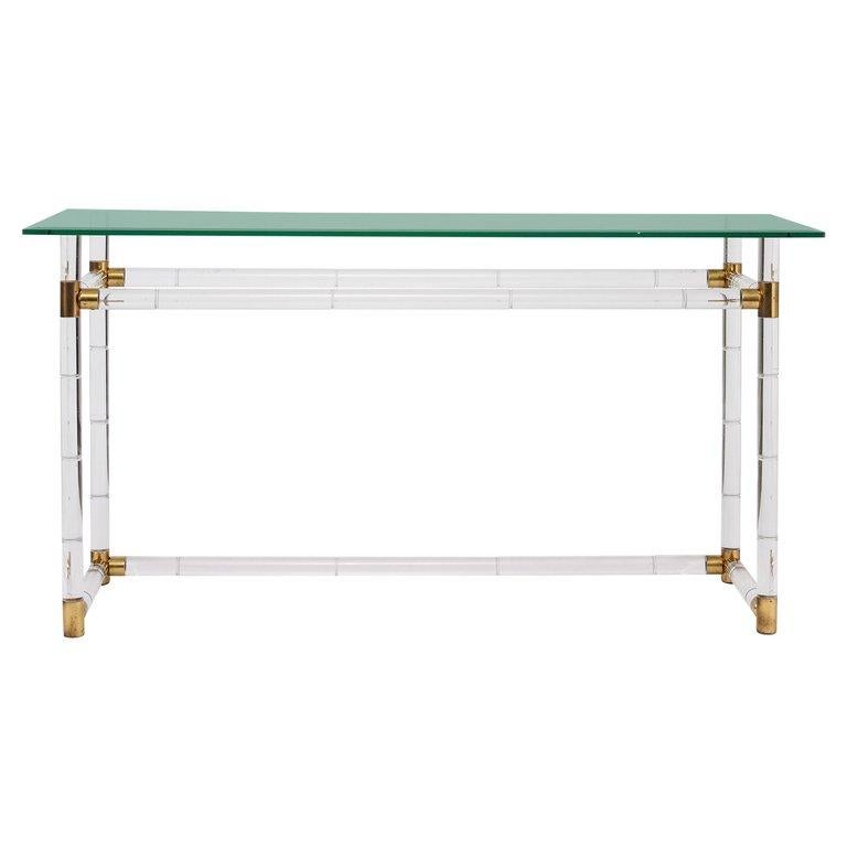 Faux Bamboo Console in Lucite and Brass by Charles Hollis Jones In Excellent Condition In Los Angeles, CA