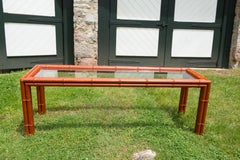 1970s Mid-Century Modern Faux Bamboo Console Table, Wood and Glass
