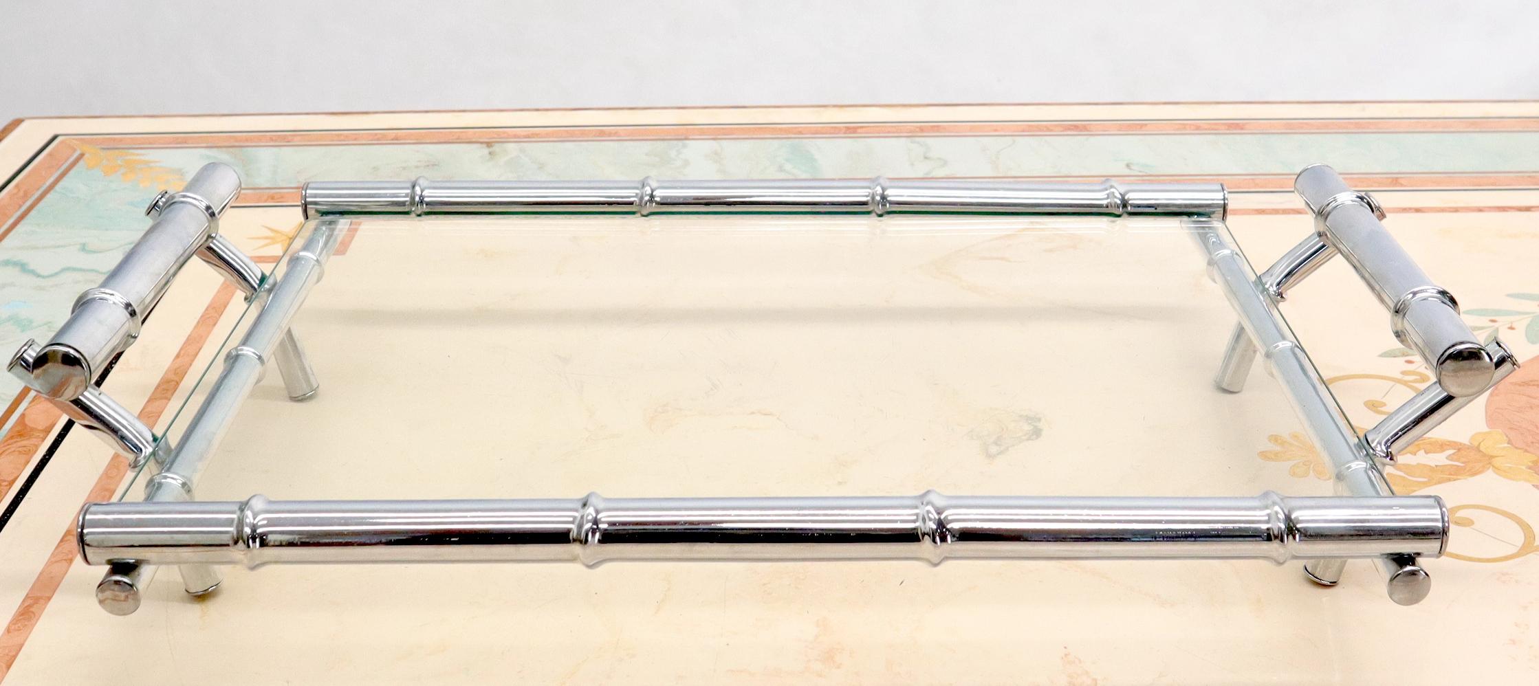 Mid-Century Modern faux bamboo chrome large serving tray with handles.