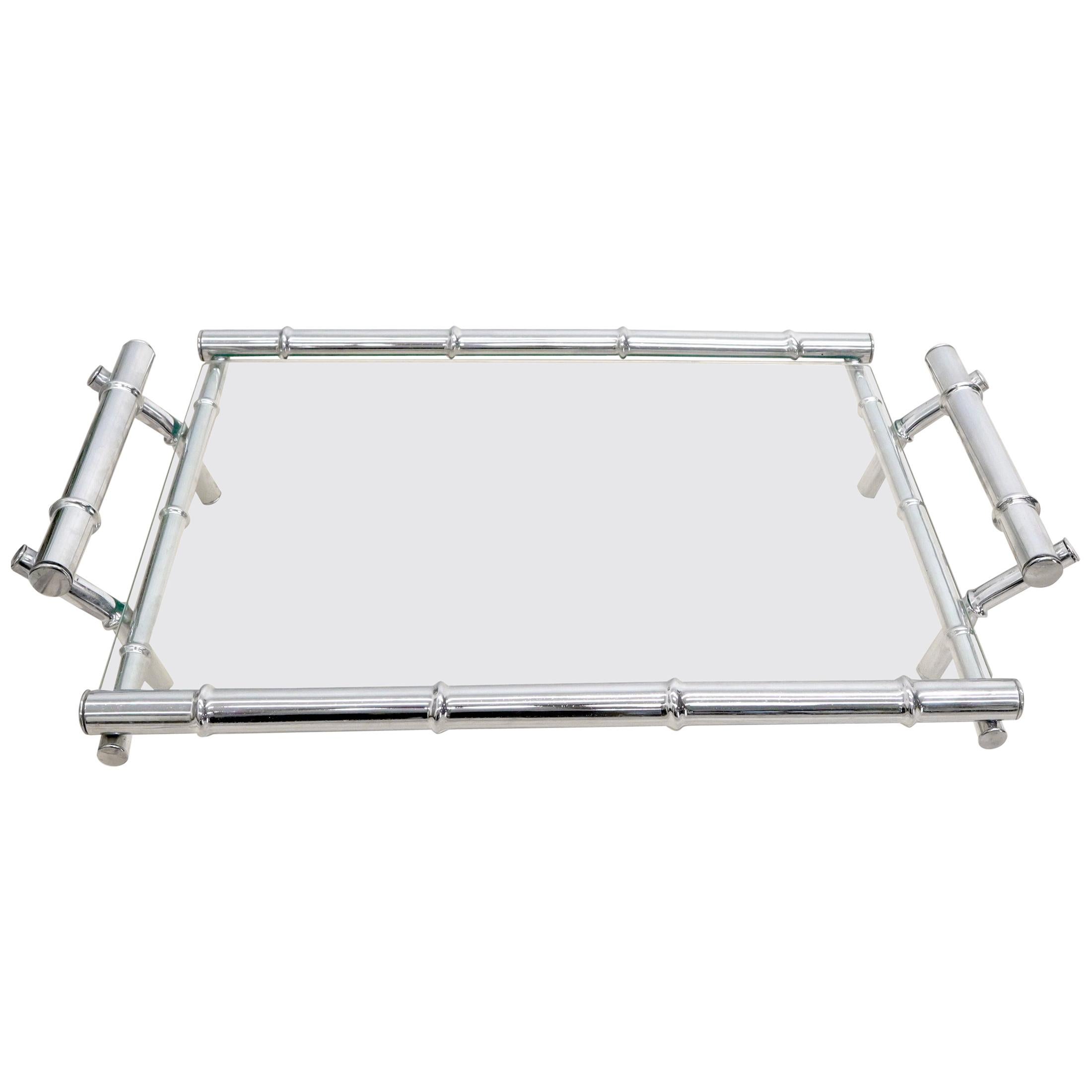 Faux Bamboo Chrome and Glass Decorative Tray with Handles For Sale