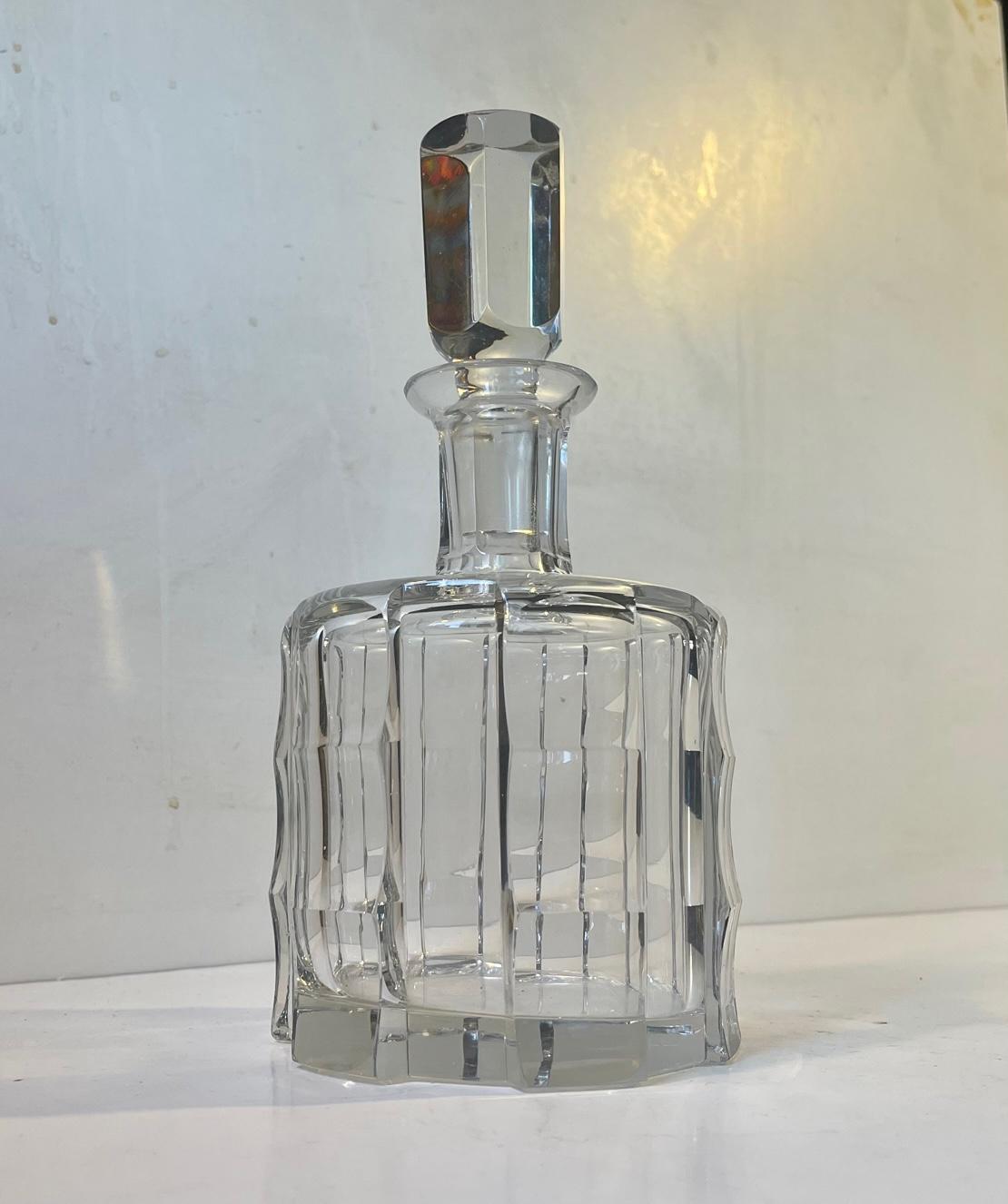 Art Deco Faux Bamboo Crystal Decanter by Orrefors Sweden, 1960s For Sale