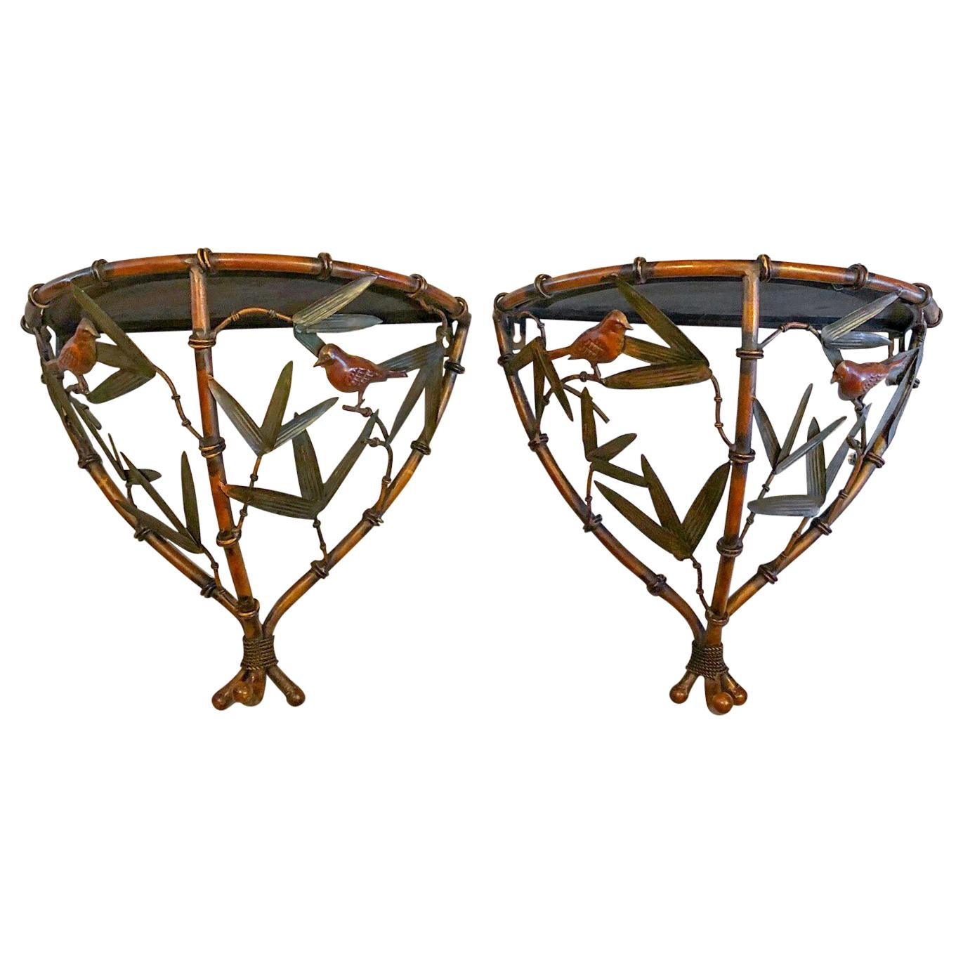 Faux Bamboo Demilune Wall Shelf Brackets, Pair