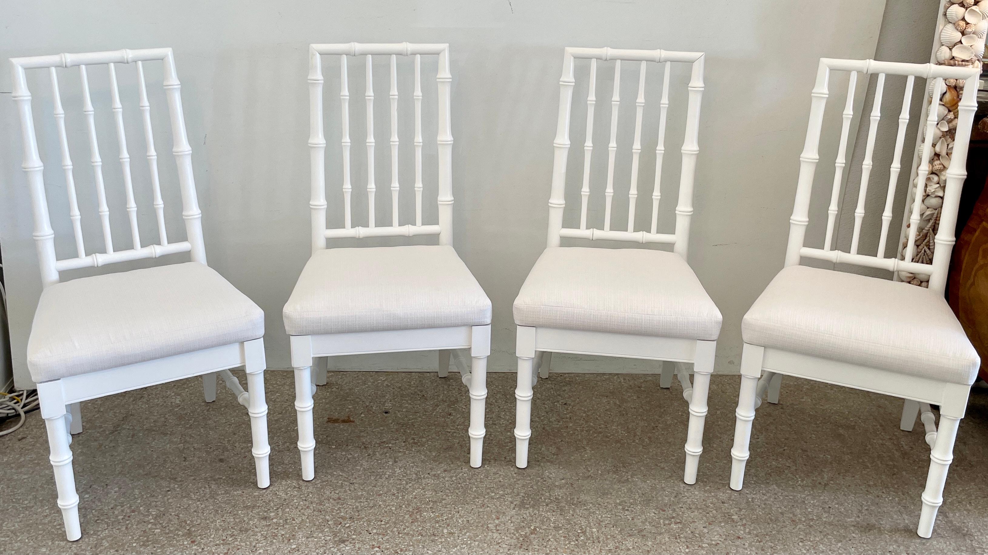 Modern Faux Bamboo Dining Chairs in White Lacquer and Todd Hase Textiles, Set of 4 For Sale