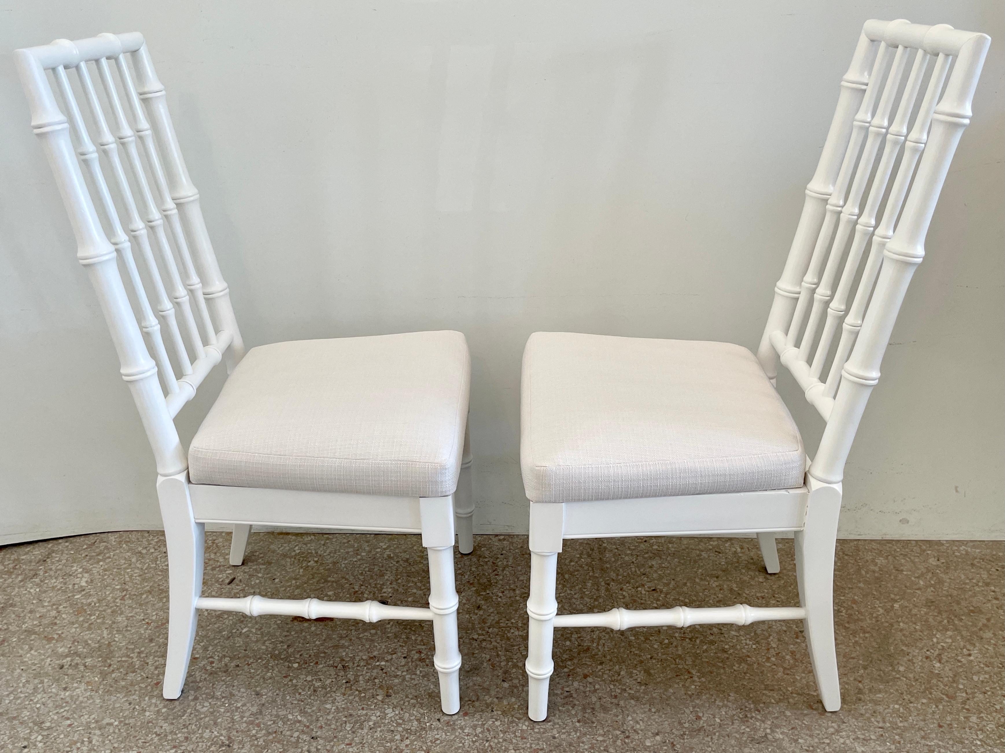 Faux Bamboo Dining Chairs in White Lacquer and Todd Hase Textiles, Set of 4 For Sale 2