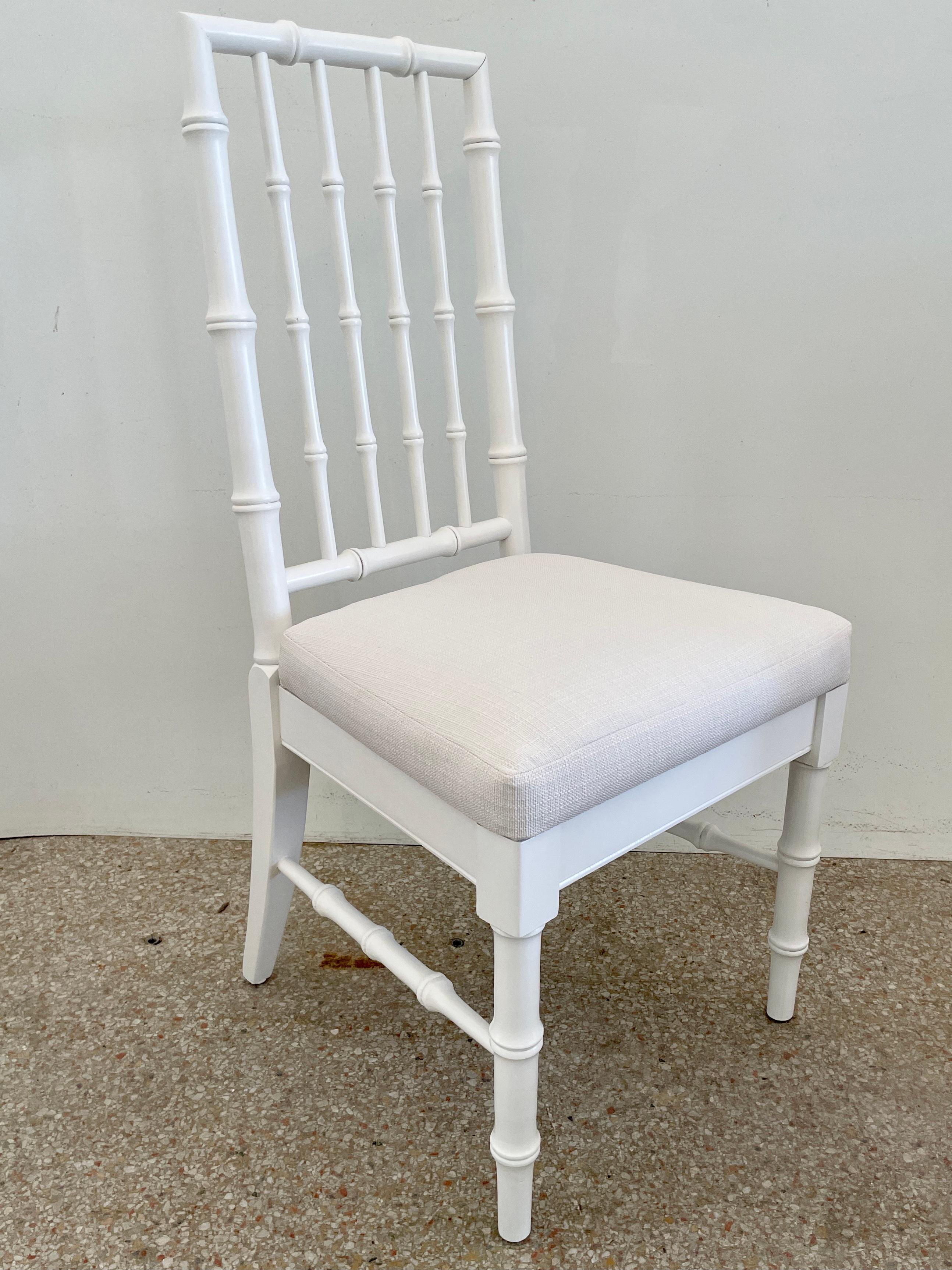Faux Bamboo Dining Chairs in White Lacquer and Todd Hase Textiles, Set of 4 For Sale 3