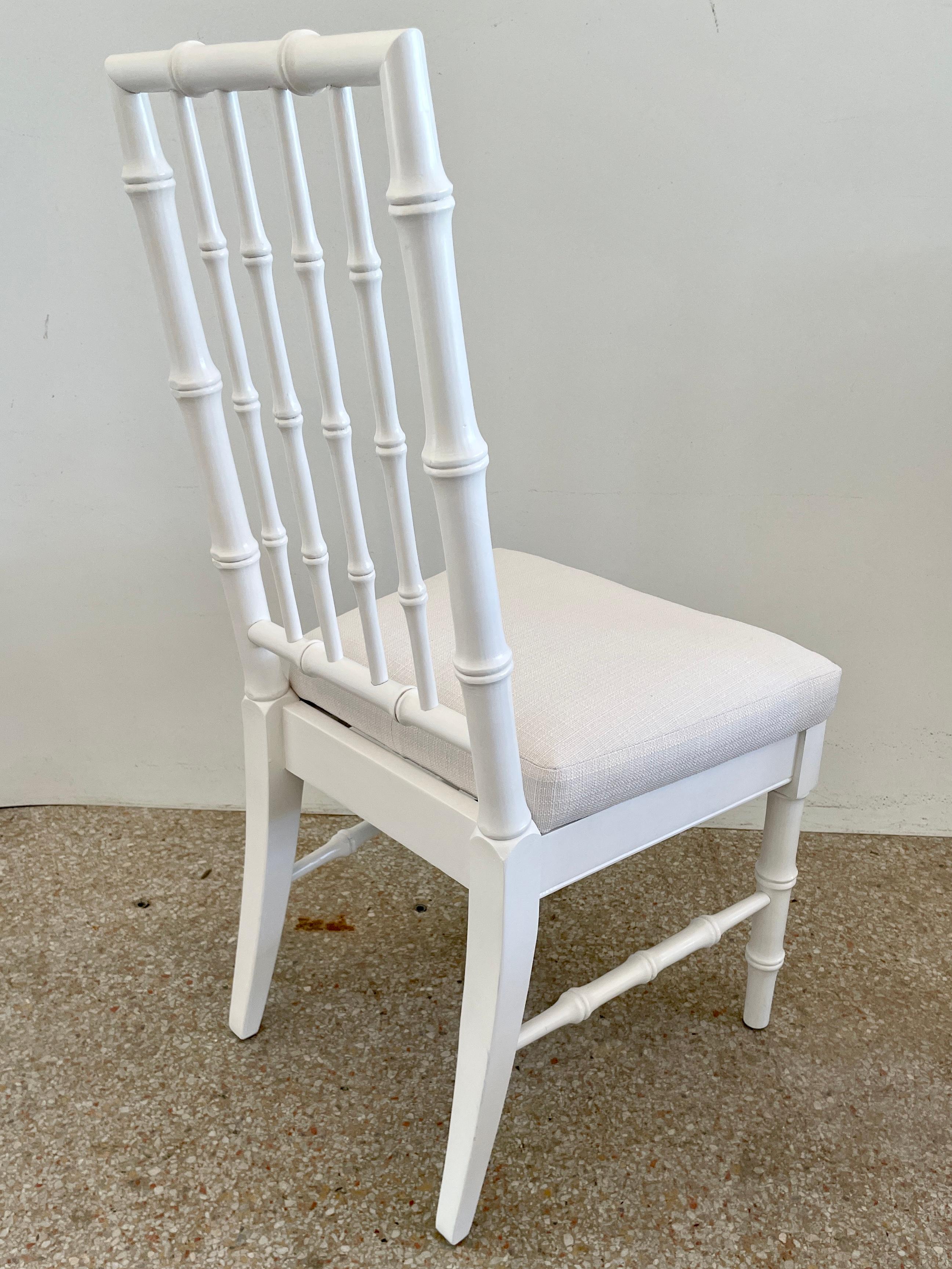 Faux Bamboo Dining Chairs in White Lacquer and Todd Hase Textiles, Set of 4 For Sale 4