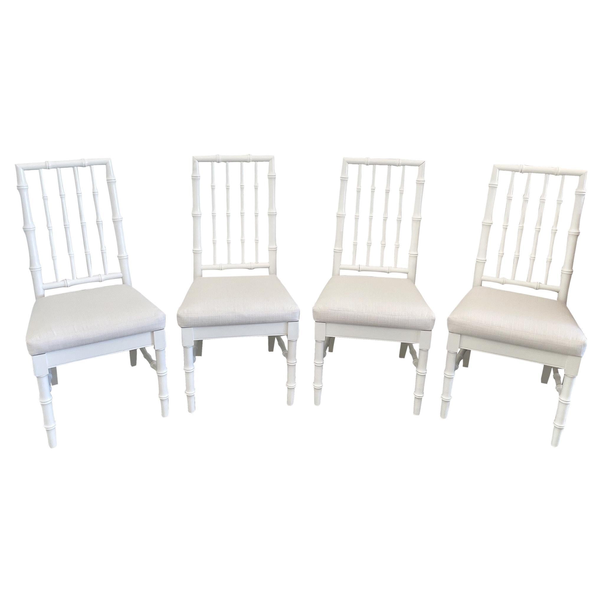 Faux Bamboo Dining Chairs in White Lacquer and Todd Hase Textiles, Set of 4 For Sale