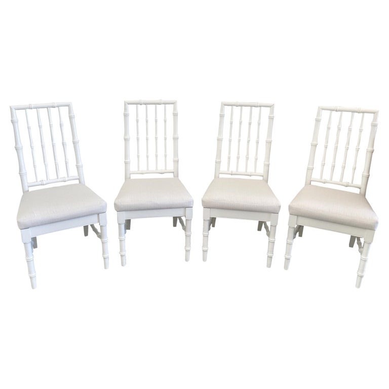 Faux Bamboo Dining Chairs in White Lacquer and Todd Hase Textiles, Set