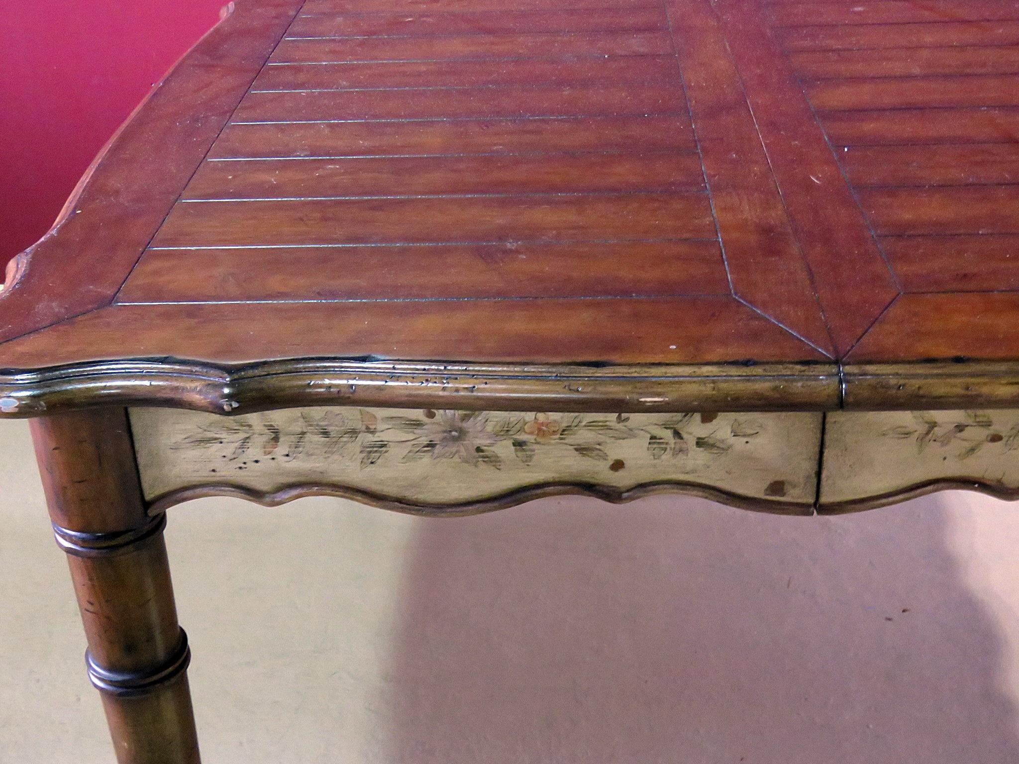 Chinese Chippendale Paint Decorated French Faux Bamboo Dining Room Table with Silverware Drawers